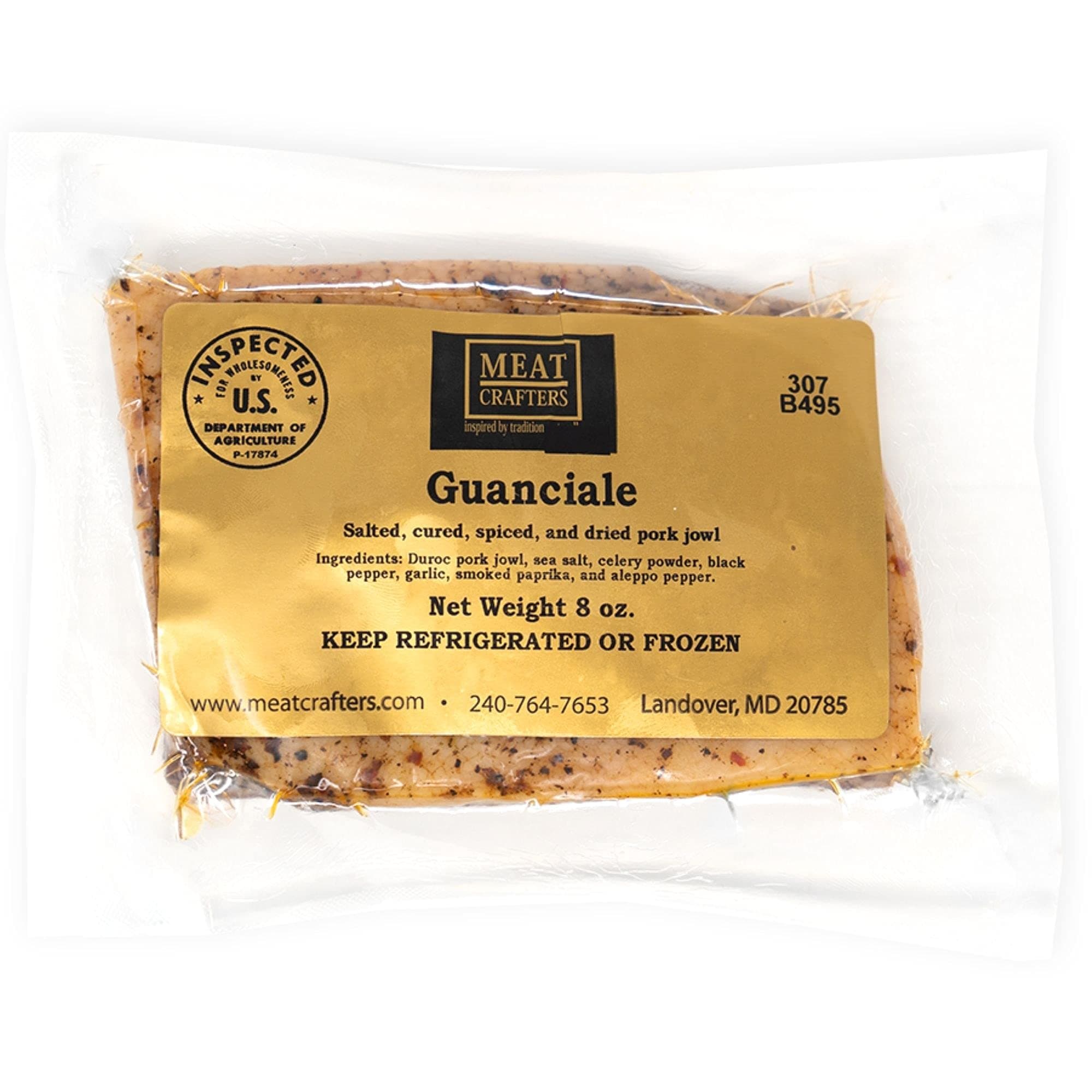 MeatCrafters Guanciale, All-Natural Duroc Pork Jowls, Unsliced, Salted, Cured, Spiced & Dried, Antibiotic Free, 8oz (4-Pack)