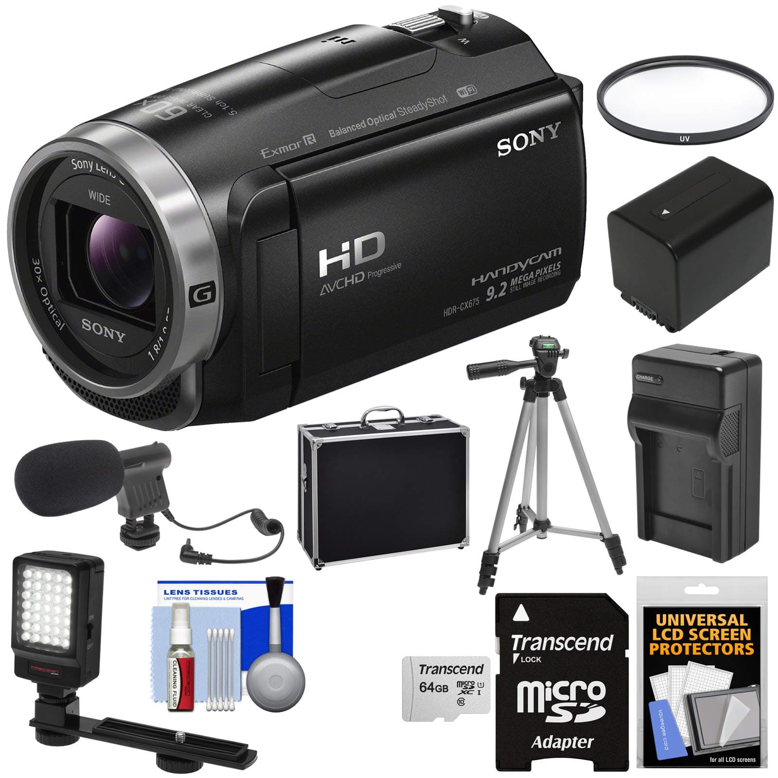 Sony Handycam HDR-CX675 32GB Wi-Fi HD Video Camera Camcorder with 64GB Card + Battery & Charger + Hard Case + Tripod + LED Light + Microphone + Kit