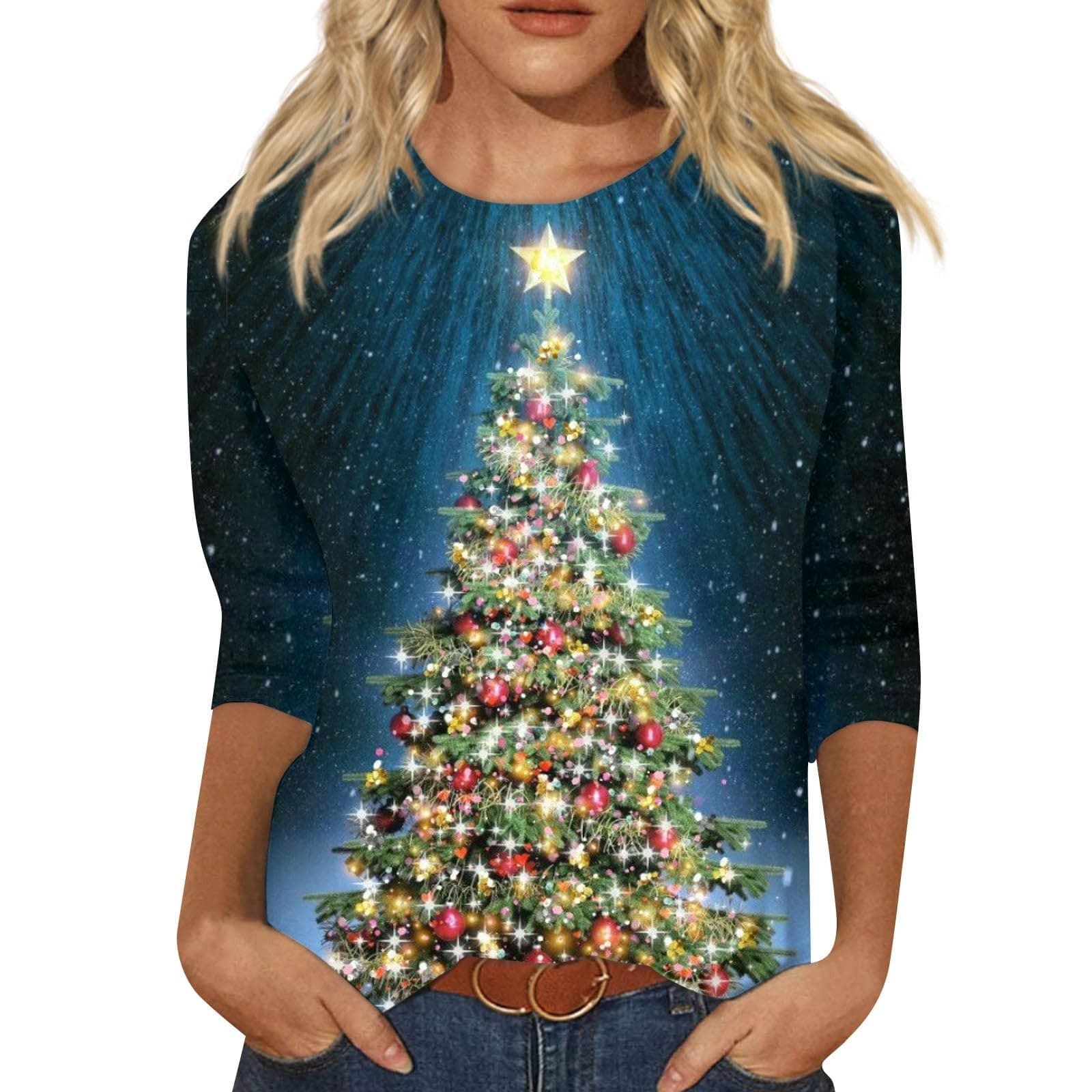 GenericChristmas Tops for Women UK Novelty 3/4 Sleeve Shirts Casual Pullover Loose Christmas Tree Snowflake Elk Print Sweatshirt Tunic Tops for Work Officce UK Size S-5XL