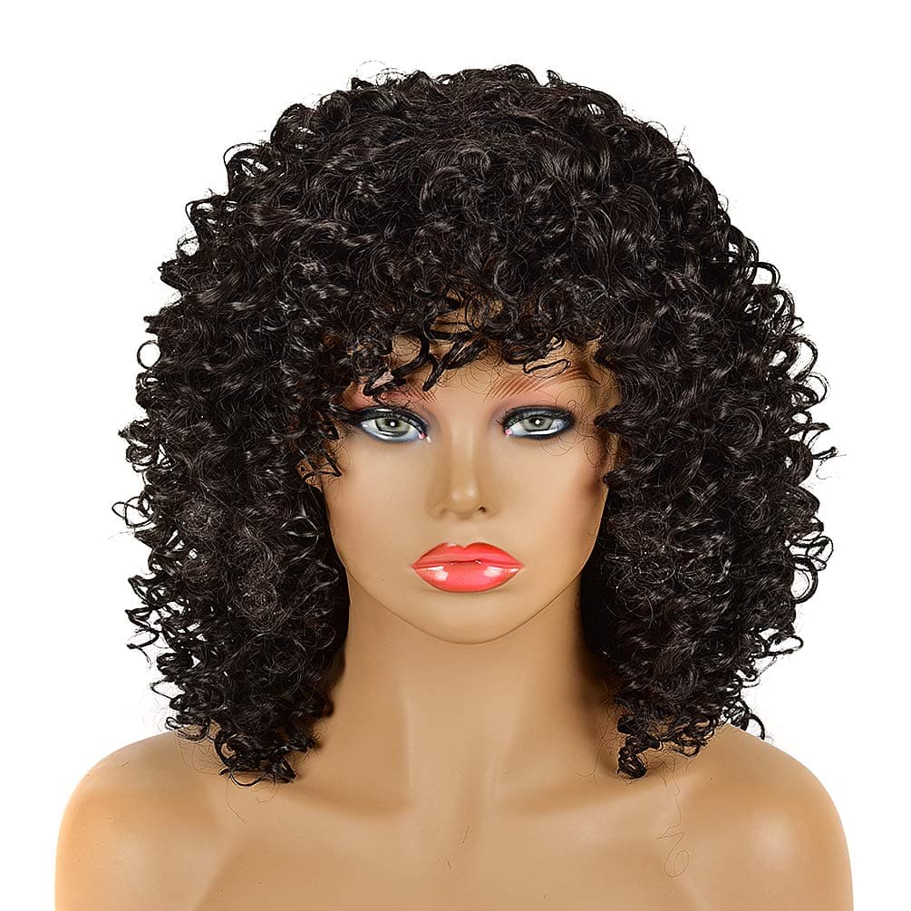 Synthetic Kinky Curly Afro Wig for Black Women - Natural Black Short Full Wigs with Cap (Color: #1B)