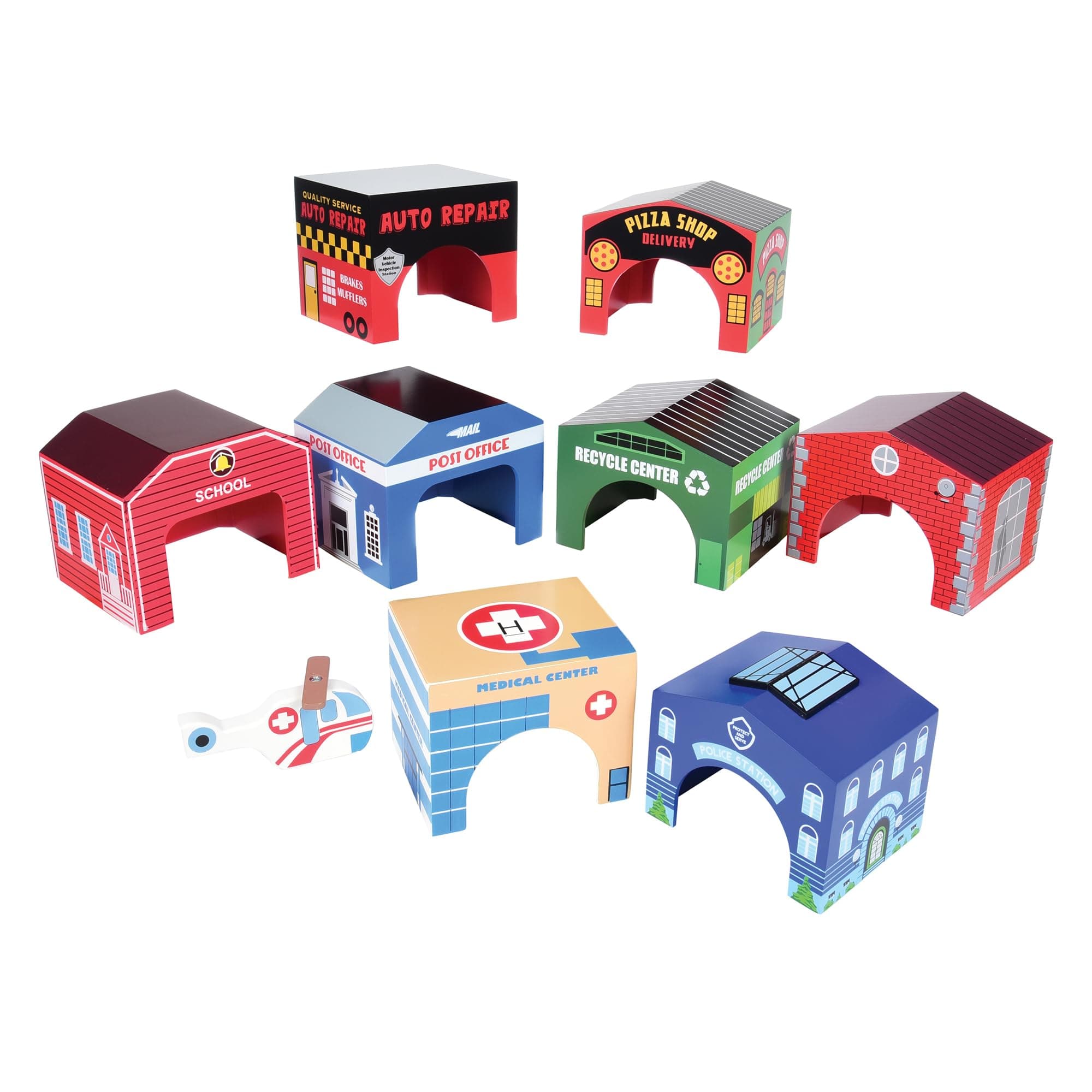 Constructive Playthings Community Wooden Toys and Helicopter Set for Ages 3+, 9-Piece Toddler Imaginative Play Set with Firehouse, School, Hospital, Police Station