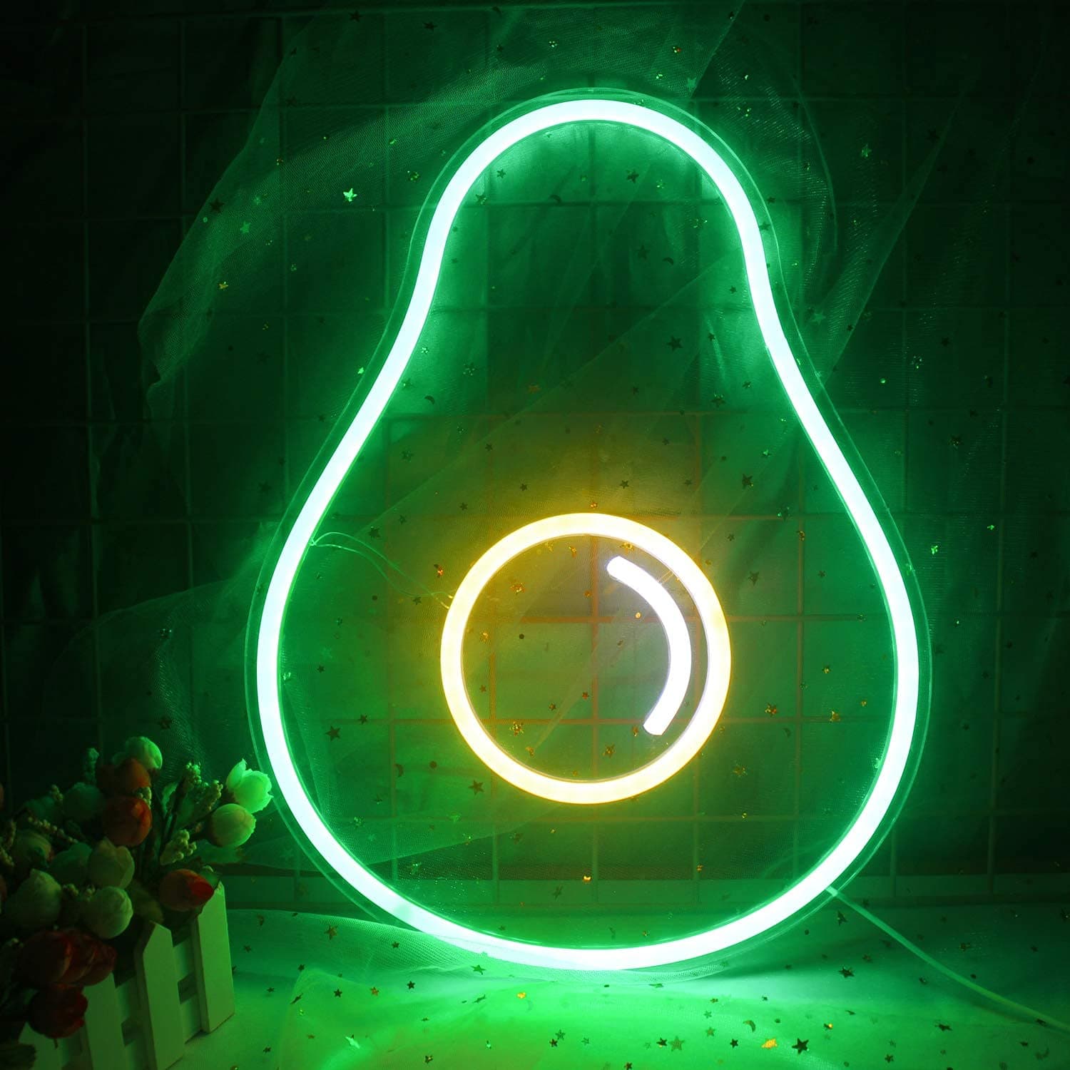 LUCUNSTARLUCUNSTAR Avocado Neon Sign Green Led Sign Fruit Neon Lights Cute Neon Signs USB Powered Switch Light Up Signs Neon Signs for Wall Decor Kids Room Bedroom Store Christmas Birthday Party Signs