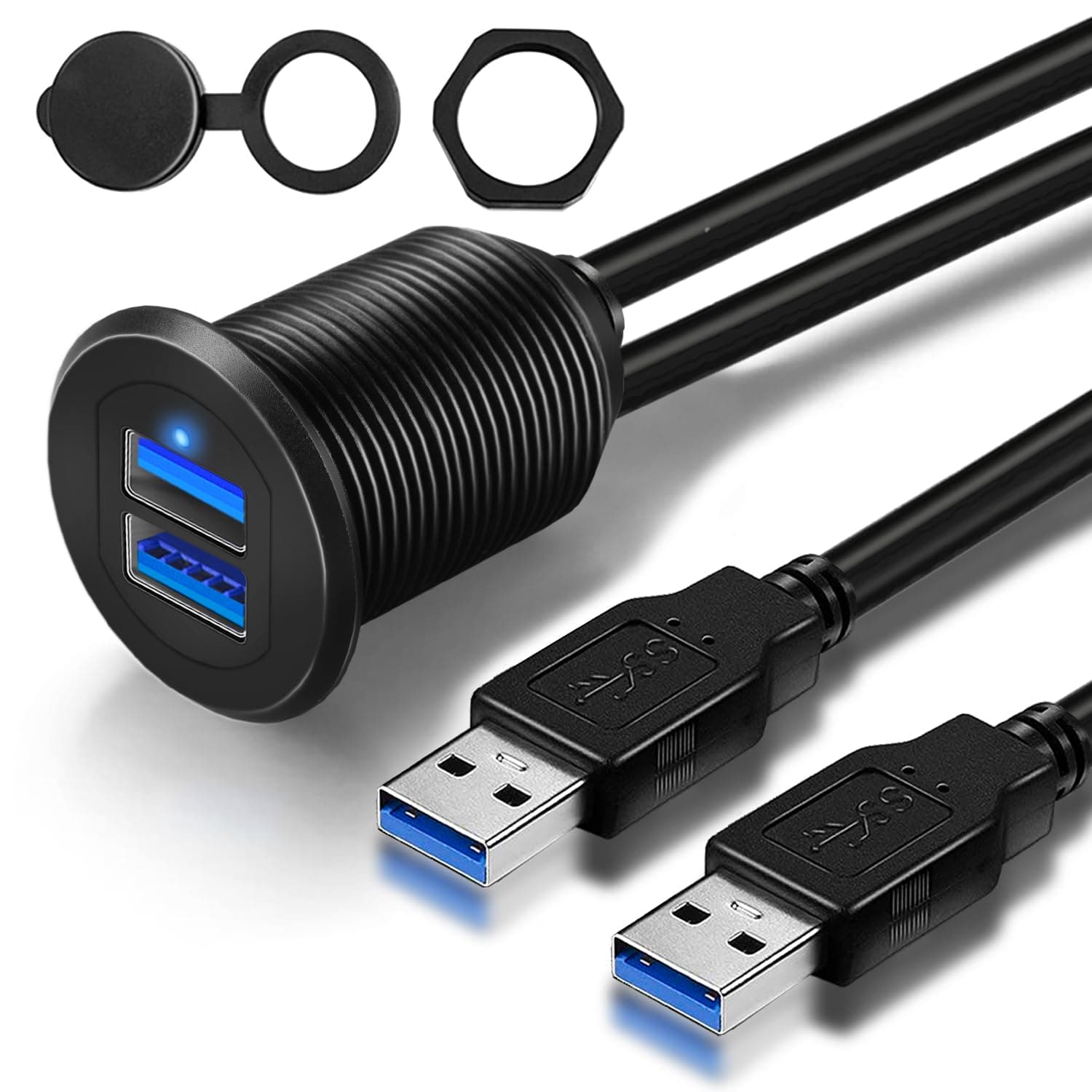 Double Port USB 3.0 Car Mount Flush Cable, USB3.0 Male to Female Car Mount Extension Cable for Boat Dashboard Panel 1ft