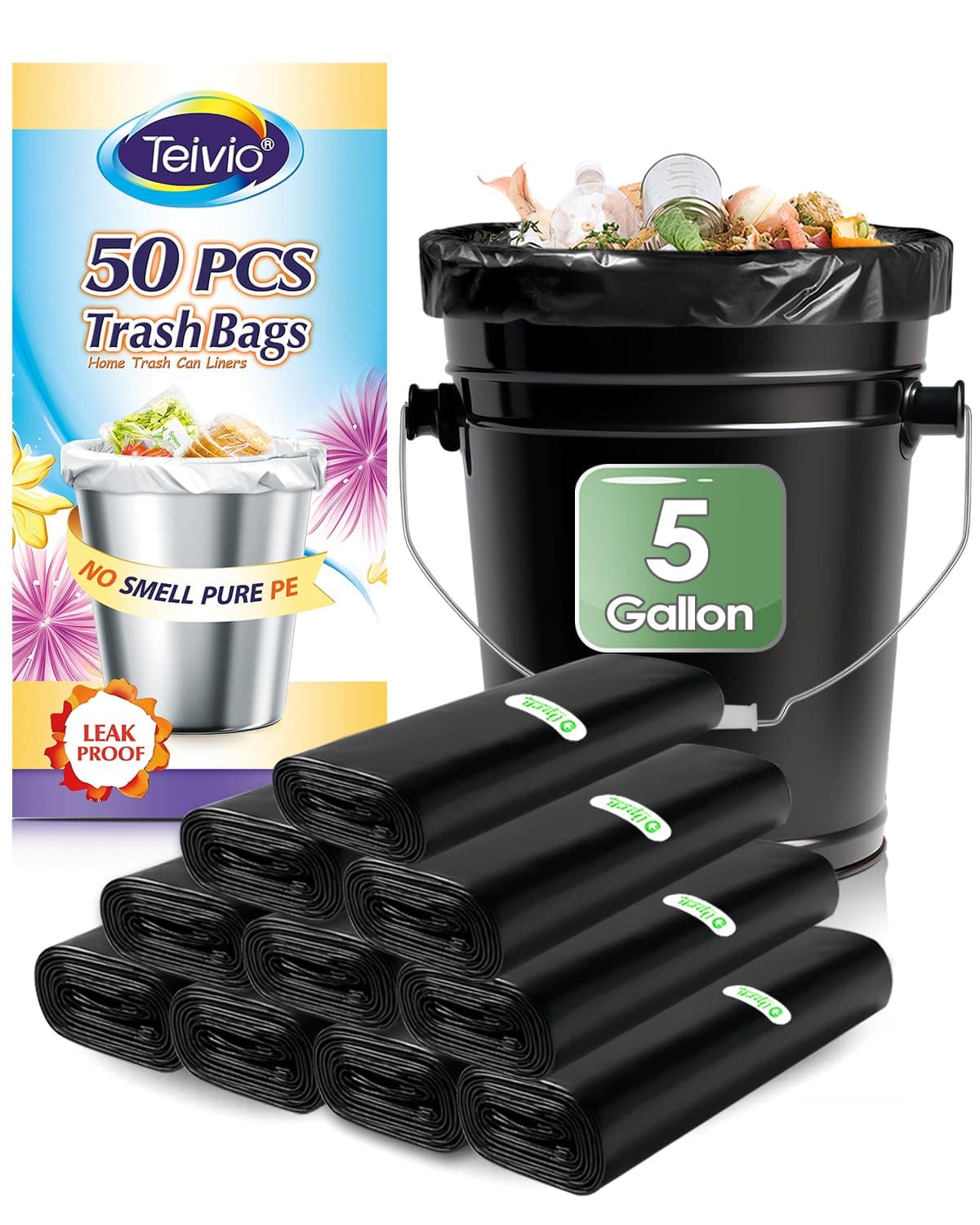 Teivio 5 Gallon 50 Counts Strong Trash Bags Garbage Bags, Bathroom Trash Can Bin Liners, Plastic Bags for home office kitchen, Black