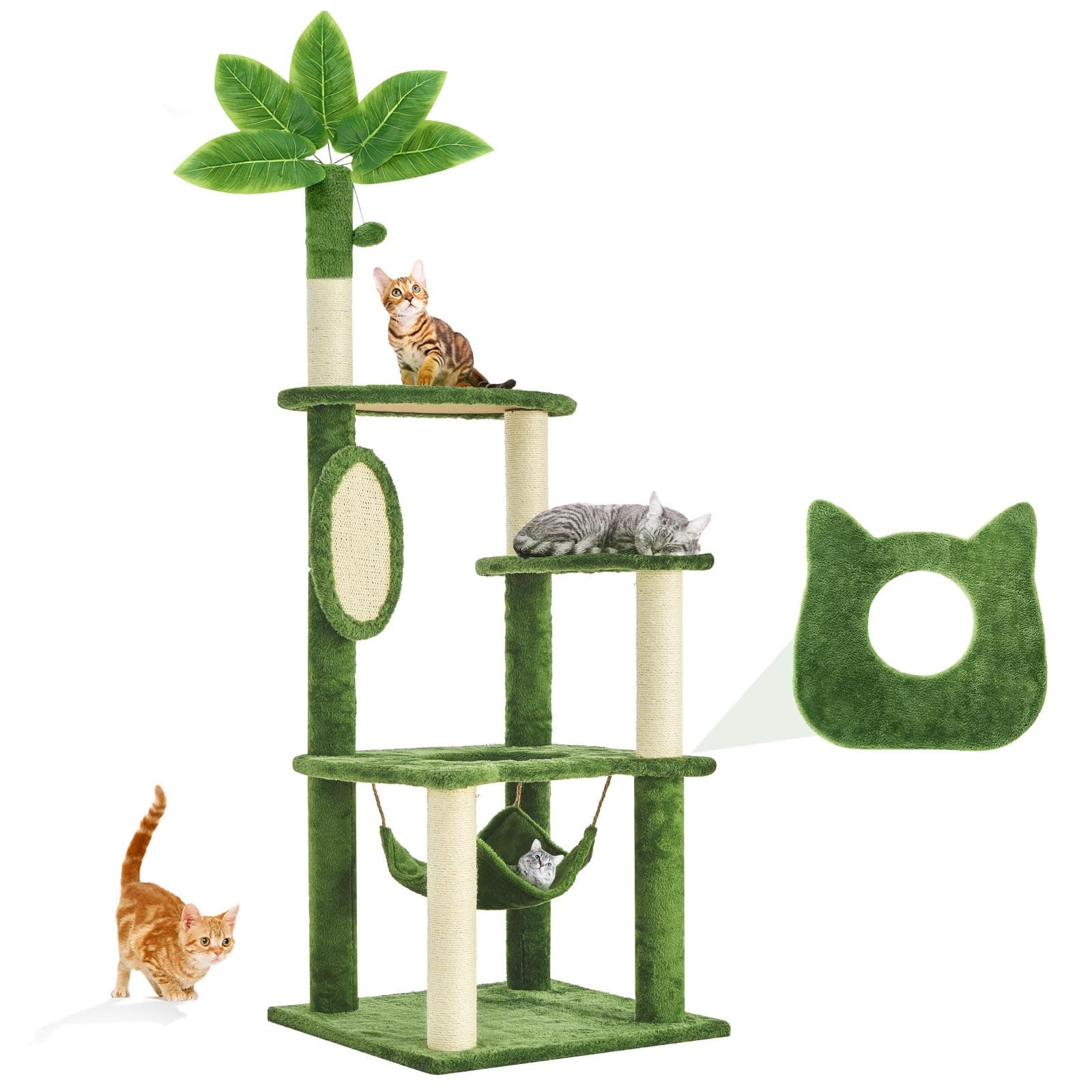 61" Cat Tree for with Green Leaves, Multi-Level Large Cat Tower with Hammock, Plush Cat House with Hang Ball Toy and Sisal Scratching Posts Furniture, Green