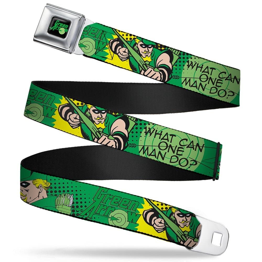 Buckle-Down Seatbelt Belt - GREEN ARROW Poses WHAT CAN ONE MAN DO? Greens/Black - 1.0" Wide - 20-36 Inches in Length