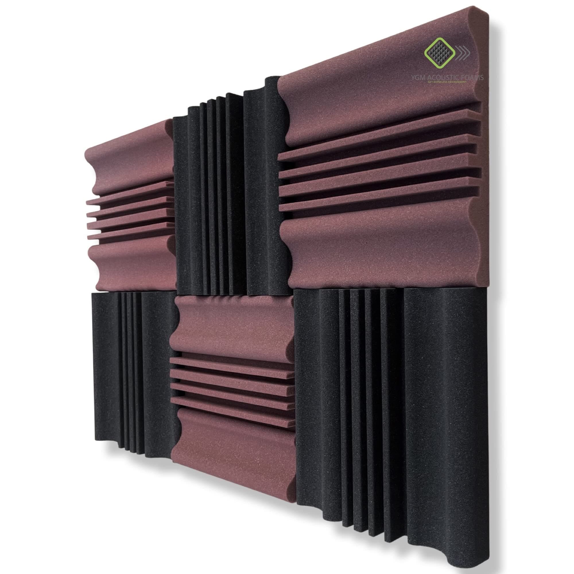YGM Acoustic Foams® Wave Diffuser Premium Studio Absorption Foam Wall Panel - PACK of 6, Coffee (Brown)+ Black, 12'' X 12'' X 2'' Broadband Sound Absorber - Periodic Groove Structure