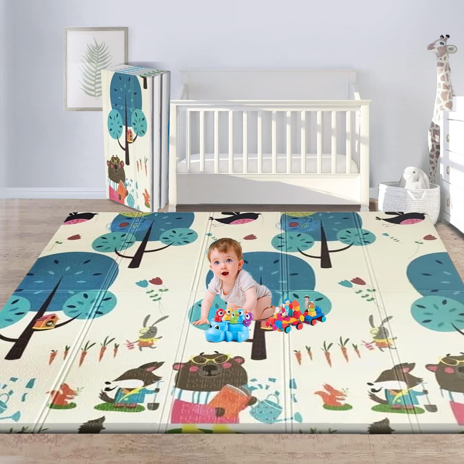 Junior Kingdom Play Mat (200cm X 180cm X 1cm) Playmat Play Babies Extra Thick Crawling Mat Water Proof and Reversible Large Soft for Toddler (Goggal Bear & Forest Animals)