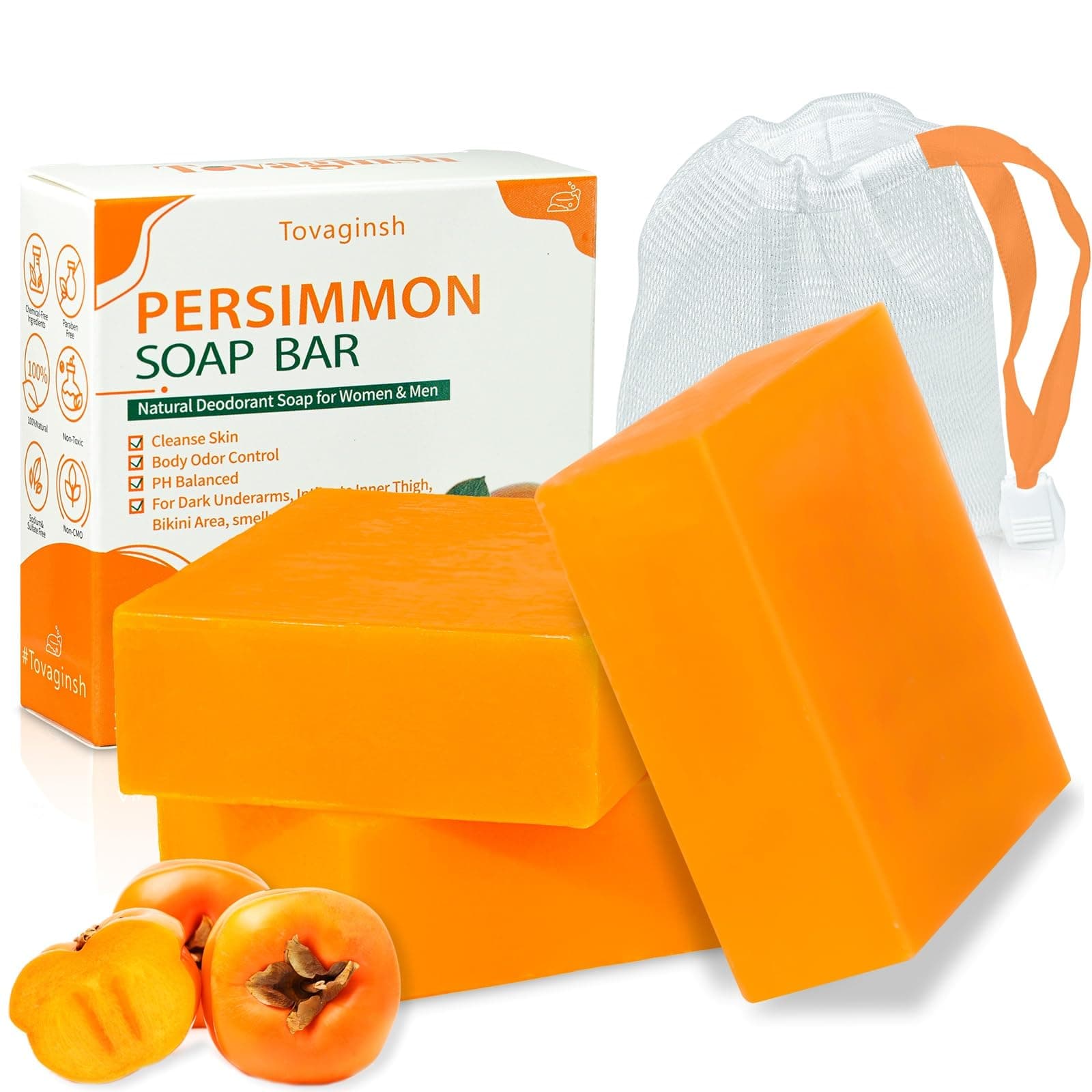 3Pack Natural Persimmon Soap Bar for Body Odor Control, Organic Deodorant Body Persimmon Bar Soap for Old People Smell, Remove Body Odor Bath Soap, Persimmon Body Wash Soap for Women & Men