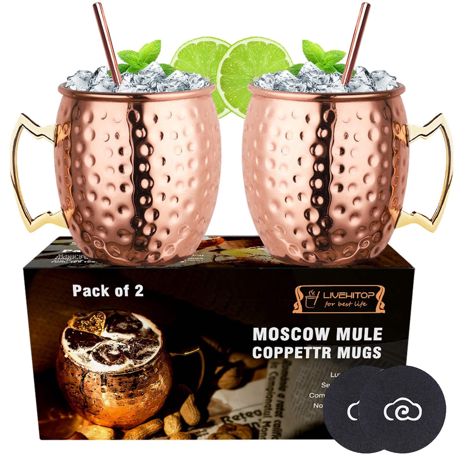 LIVEHITOP Moscow Mule Copper Mugs Set of 2, Copper Cups 19.5 Oz Cocktail Kit with Straw Coaster for Wine, Beer, Cold Drink, Bar, Party, Gifts