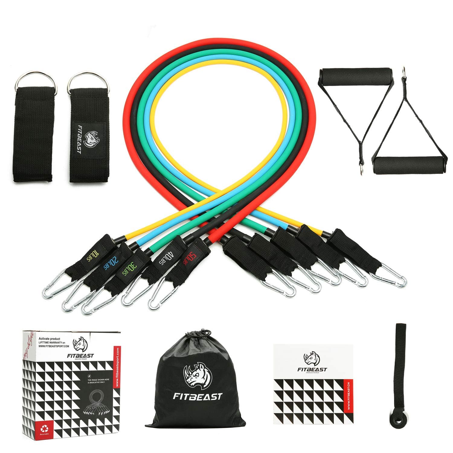 FitBeast Exercise Resistance Bands Set, Fitness Stretch Workout Bands 11PC with Fitness Tubes, Foam Handles, Ankle Straps, Door Anchor for Home Gym Fitness, Up to 150 lbs
