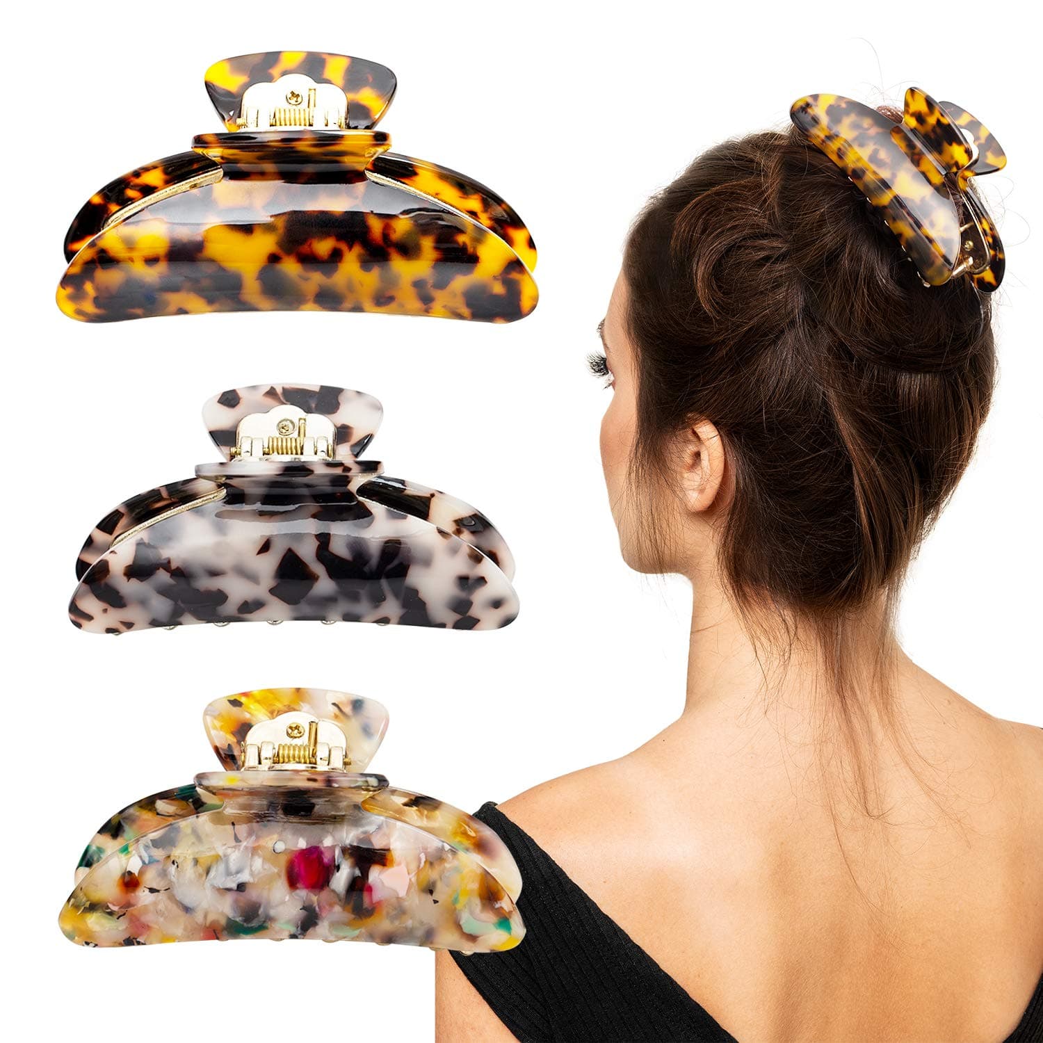 3 PCS Hair Banana Claw Clip for Women, Tortoise Shell 3.5" Hair Grip Leopard Print Barrettes French Vintage Design Large Hair Jaw for Thick Thin Curly Straight Long Hair