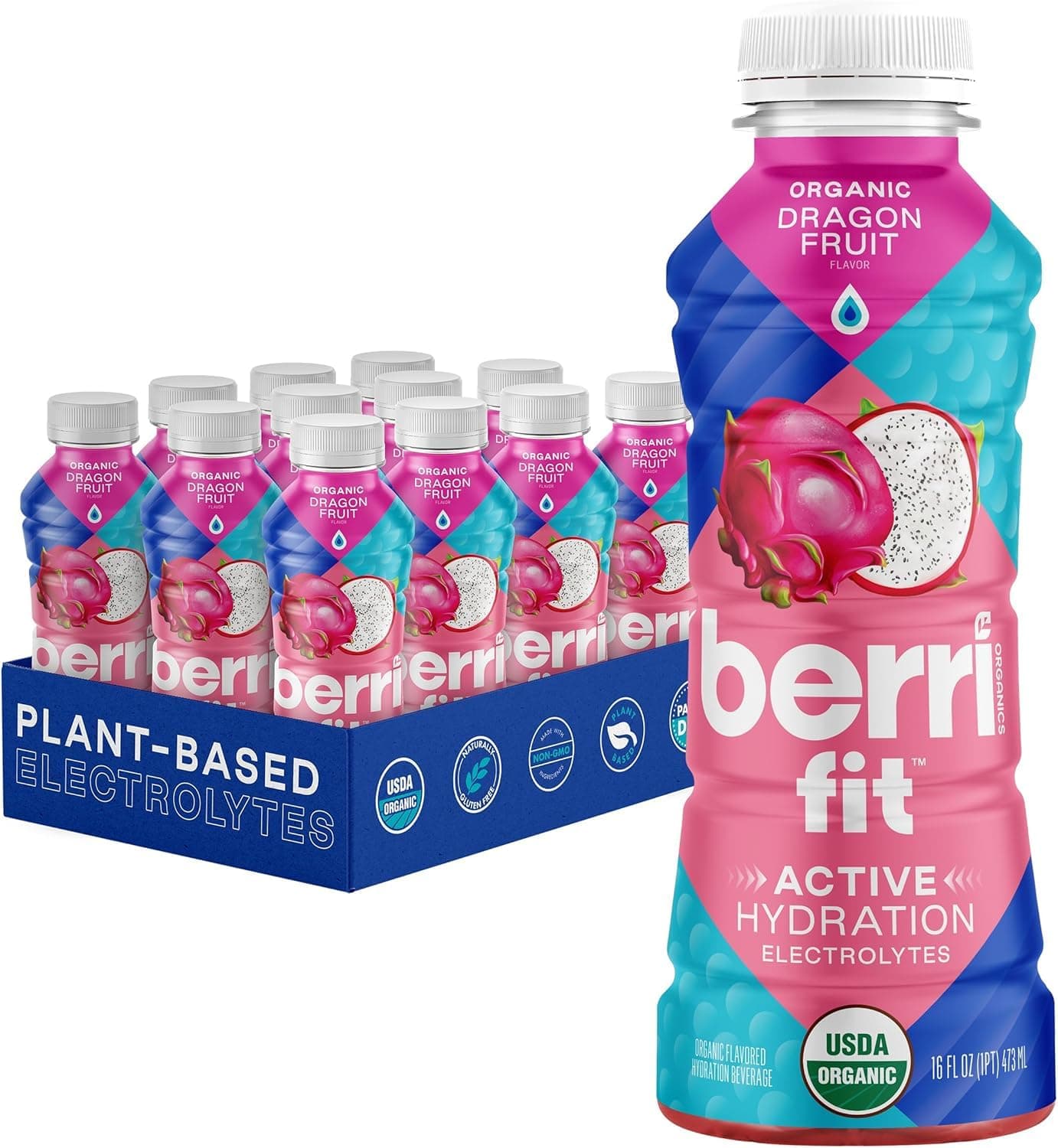 Berri Fit Hydration - Organic Dragon Fruit Flavor Natural Sports Drink - Plant-Based Electrolyte Beverage – Low Calorie, Paleo Coconut Water Solution, 16oz, 12ct