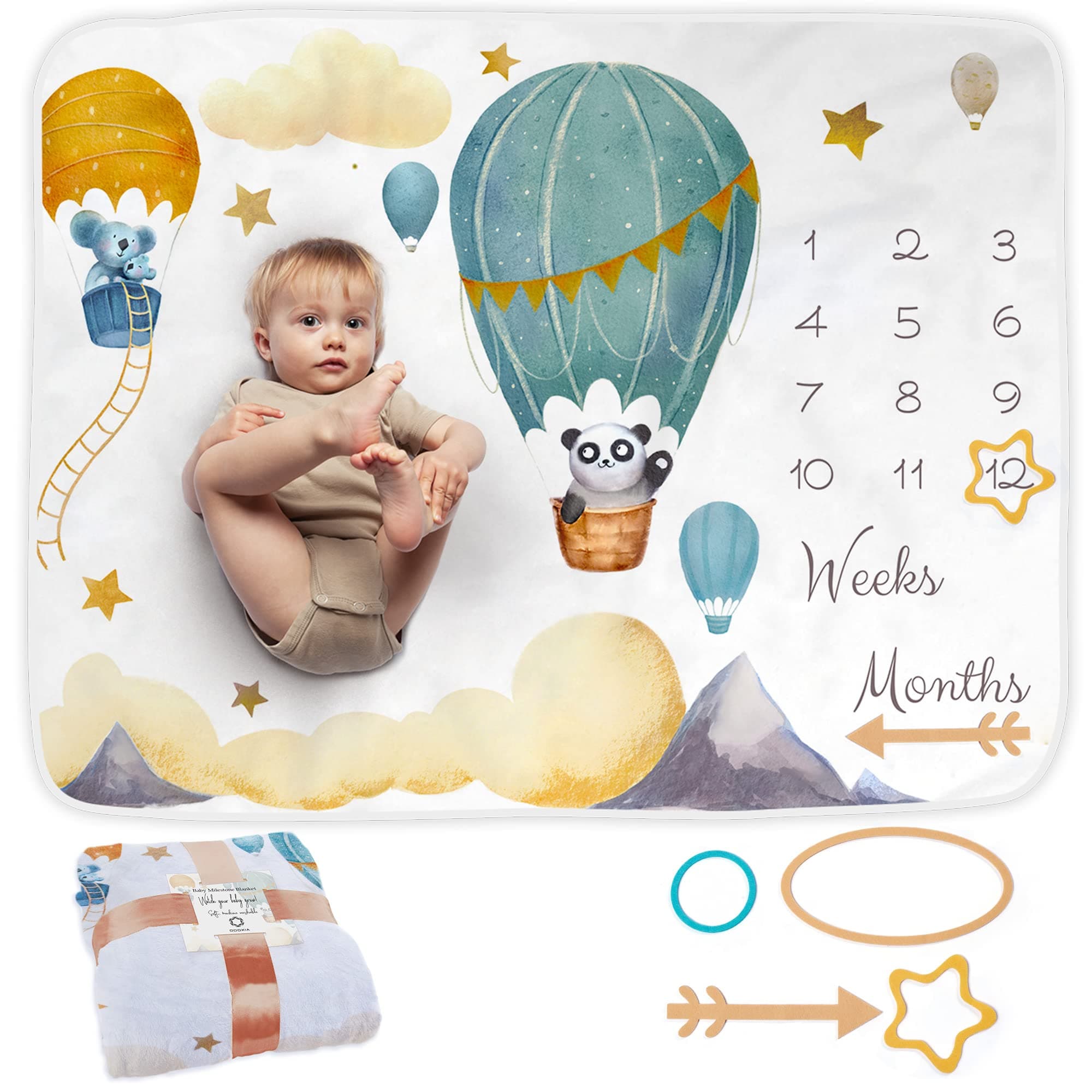 Baby Milestone Blanket | Monthly Photo Mat for Newborn Boy or Girl, Unisex | Balloon Theme | Personalised Baby Shower Present for New Mums | Age Mat | Soft & Comfortable | Includes Coloured Frames