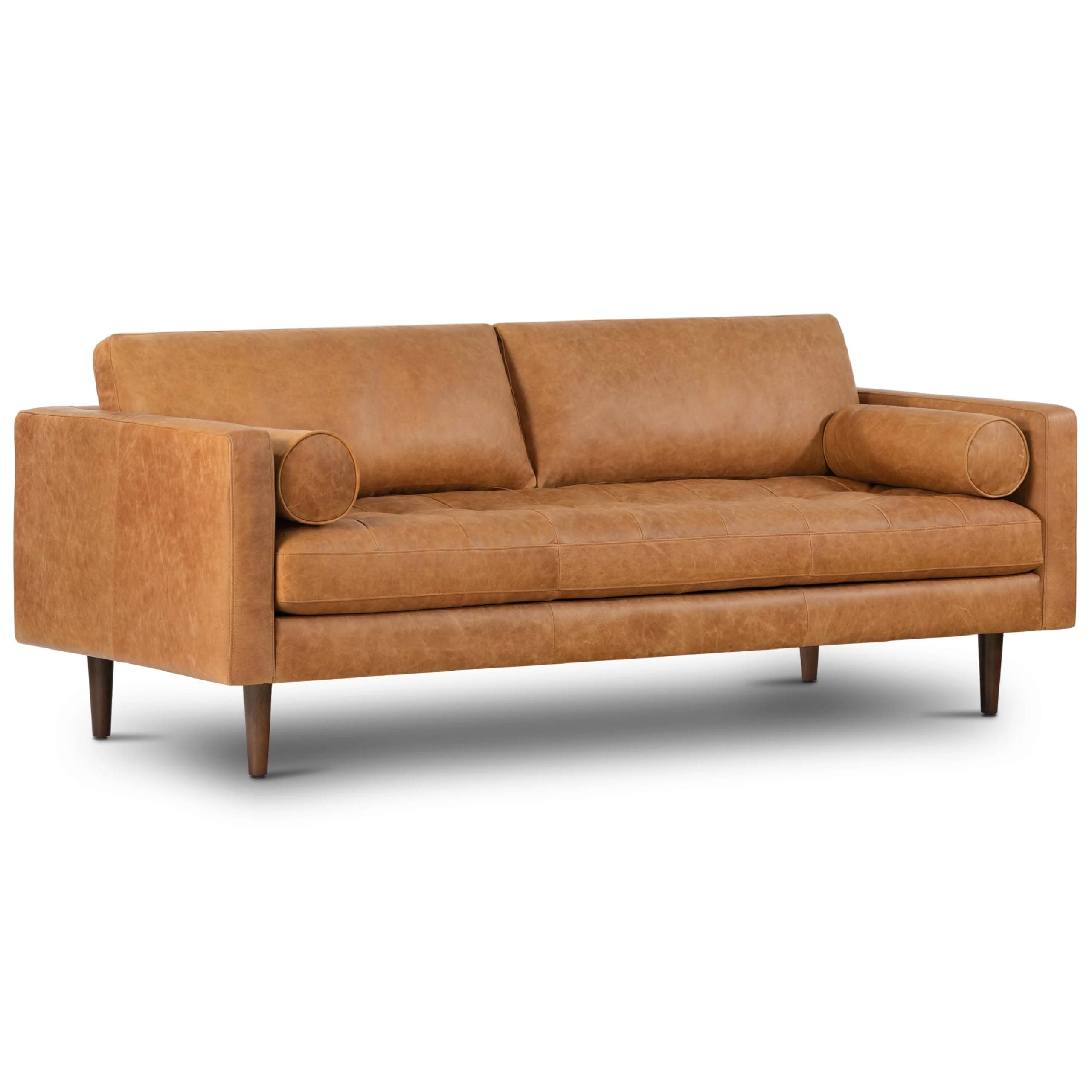 Napa 88.5" Leather Sofa – Full-Grain Italian-Tanned Aniline Leather, Feather-Down Comfort, Solid Wood Frame, Walnut Legs, Cognac Tan