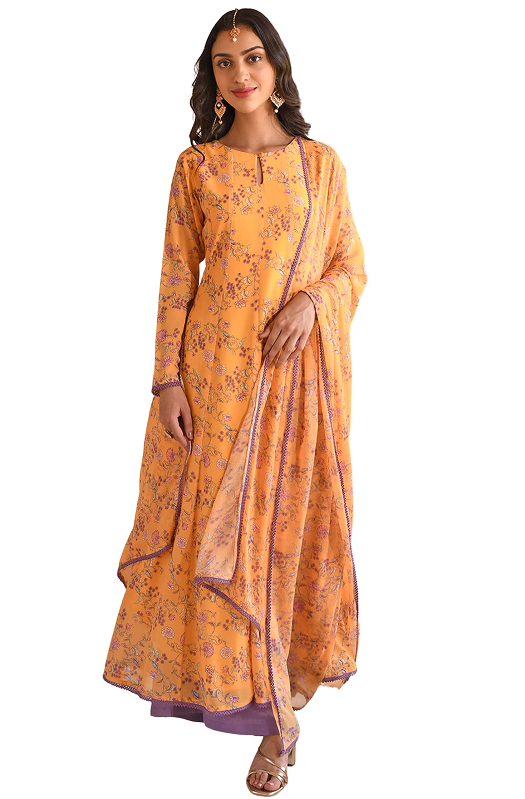 JanasyaIndian Women's Yellow Flowy Printed Kurta Kurti Top Tunic Festive Evening wear Kurta Set with Dupatta for Women