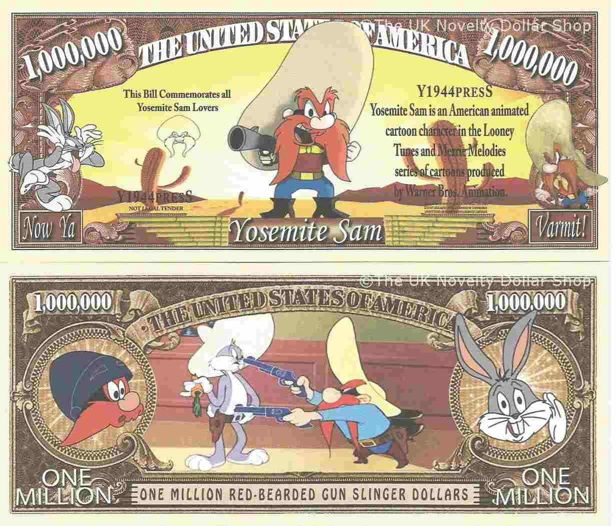 Yosemite Sam Animated Cartoon Character Million Dollar Bills x 2 Bugs Bunny