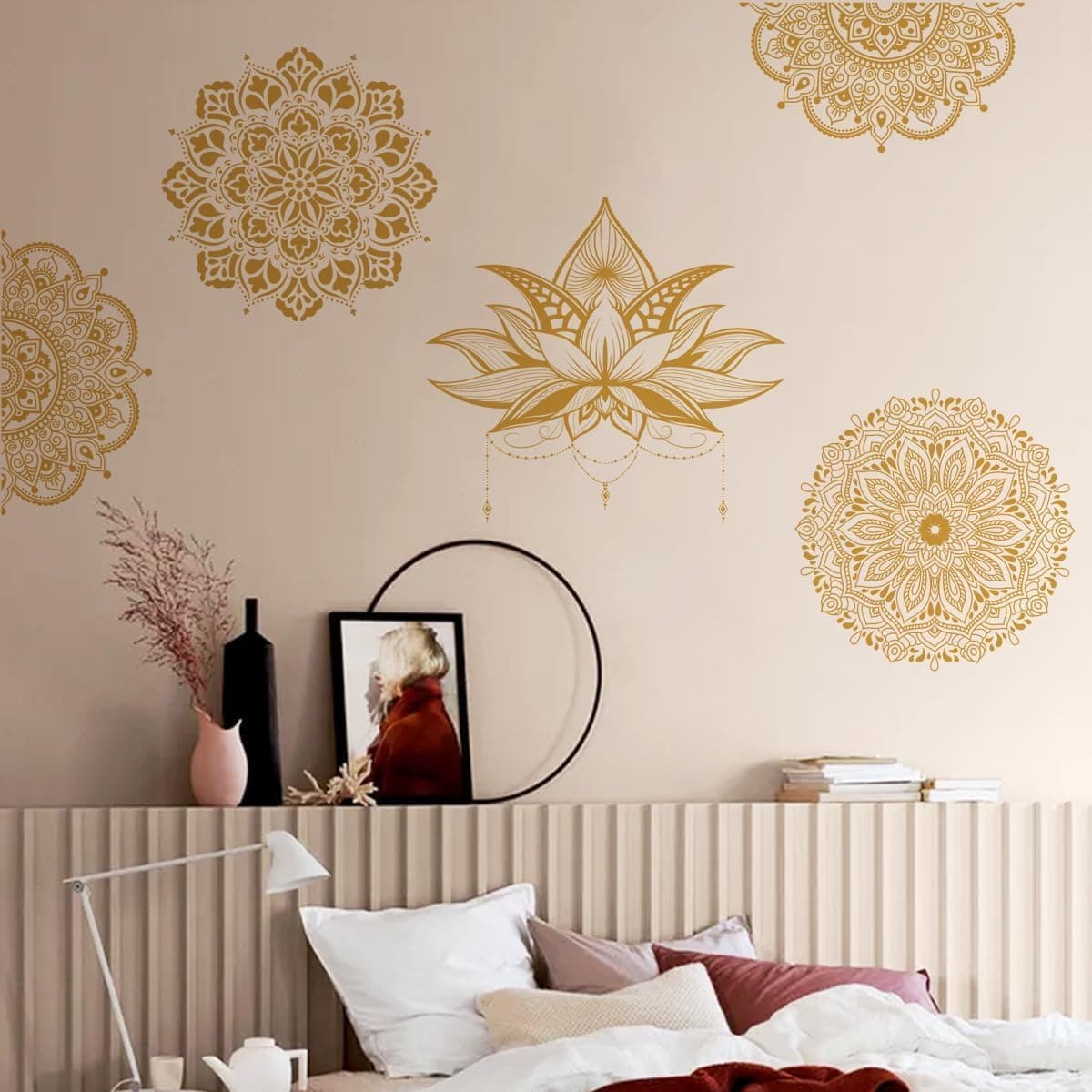 Runtoo Mandala Flower Wall Art Sticker Gold Boho Lotus Floral Wall Decal for Living Room Bedroom Yoga Headboard India Decor