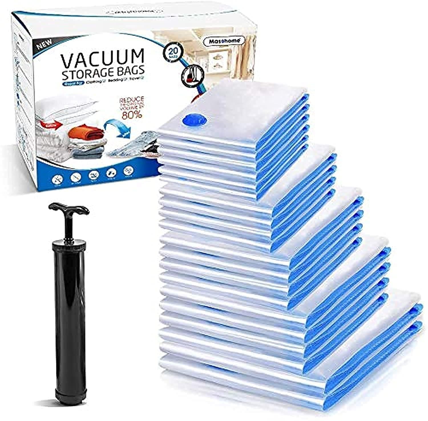 Masthome Vacuum Storage Bags, 20 Pack Space Saver Vacuum Compression Bags with Hand Pump for Comforters and Blankets, Sealer Clothes Storage, 6 Small, 4 Medium, 4 Large, 4 Extra Large, 2 Jumbo