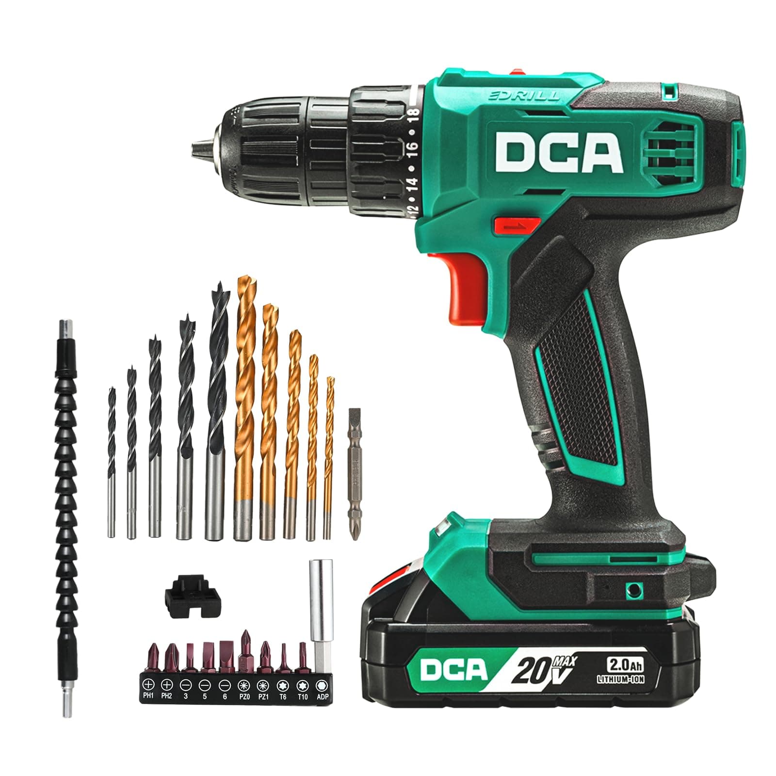 DCA Cordless Drill Set, 354 in-lbs Torque, 3/8" Keyless Chuck, Electric Power Drill with 2.0Ah Battery and Charger,18+1 Position,25-Piece 20V Drill Driver Kit, ADJZ2035