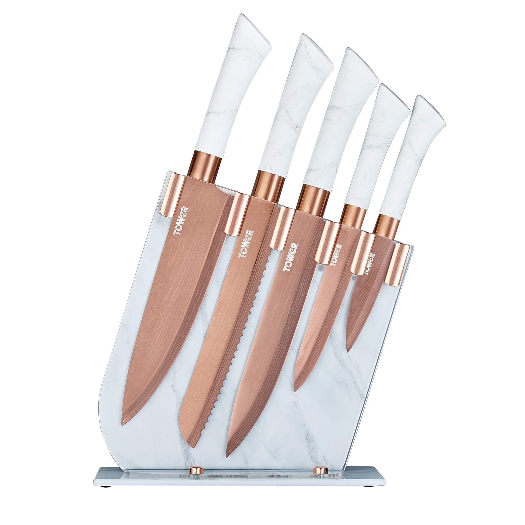 Tower T81534WR Kitchen Knife Set with Acrylic Knife Block, Stainless Steel with Soft Touch Handles, White Marble and Rose Gold, 5 Piece