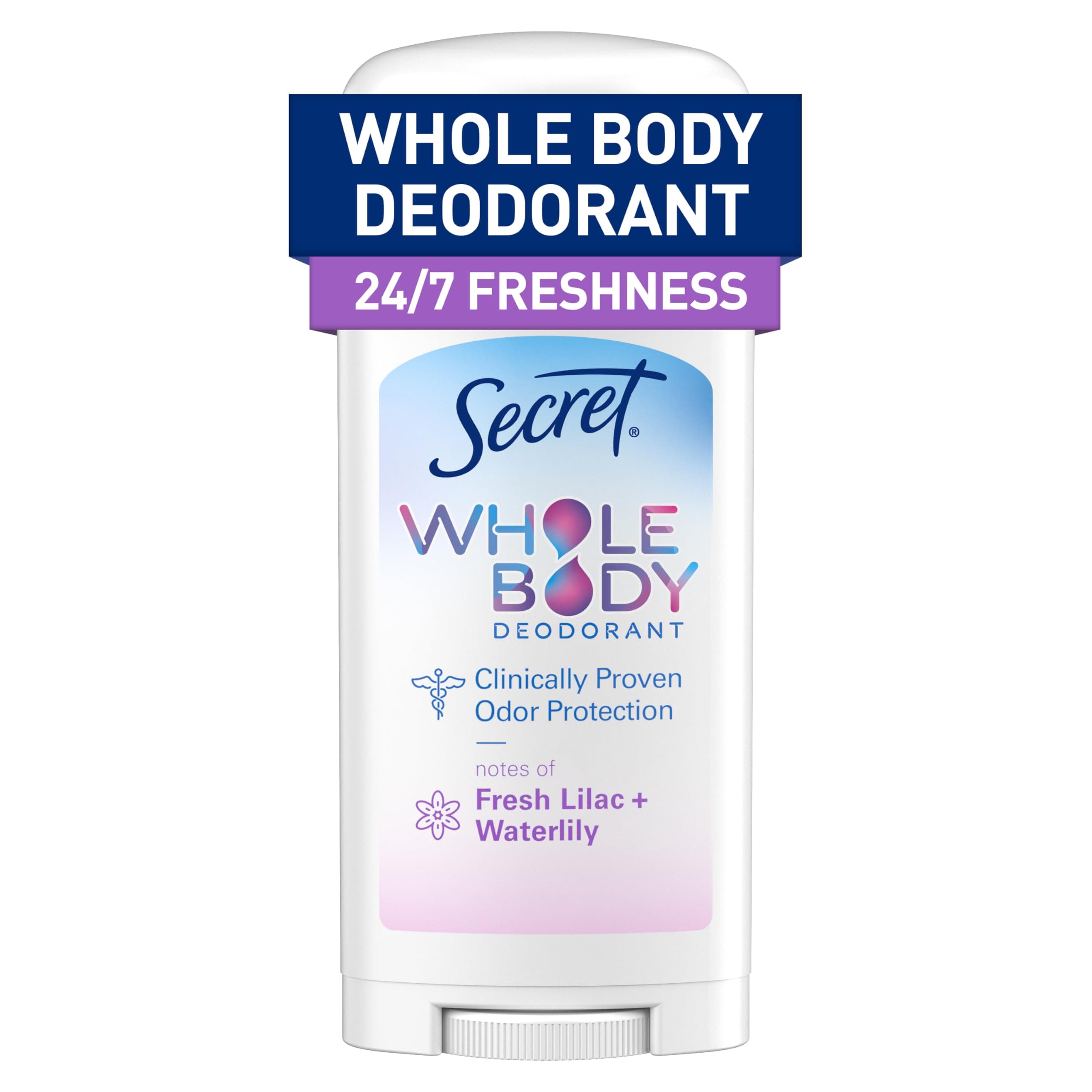 Secret Whole Body Deodorant Stick for Women, Lilac & Waterlily Scent, Aluminum Free Deodorant Stick, 72 HR Odor Protection, 2.4 oz