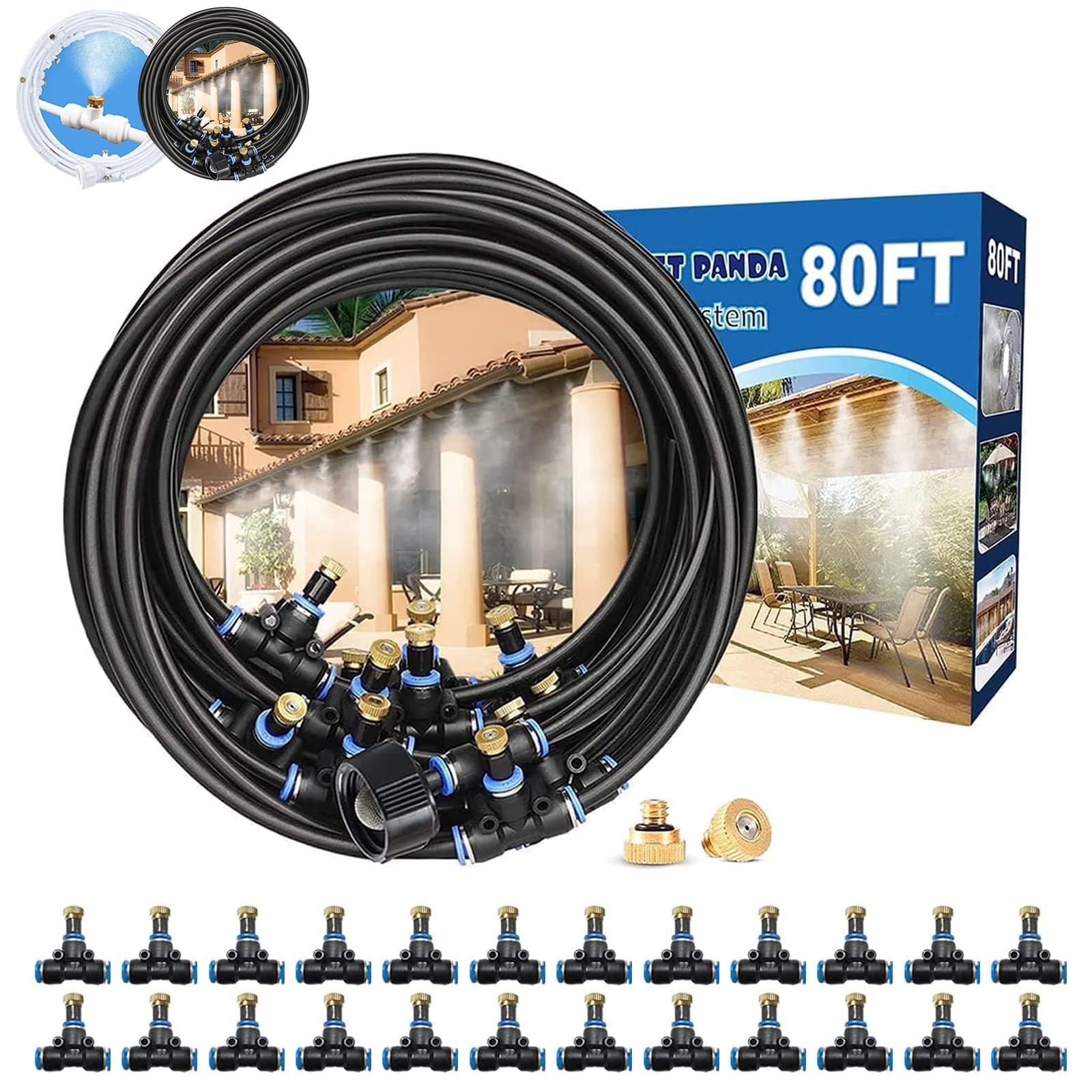 Misting System for Patio 80FT(24M), Water Mister Hose for Outdoor, Backyard Mist for Outside, Garden, Greenhouse, Deck, Umbrella, Canopy, Pool, Porch, Trampoline Sprinkler, Kids, Park, Chicken, Dog