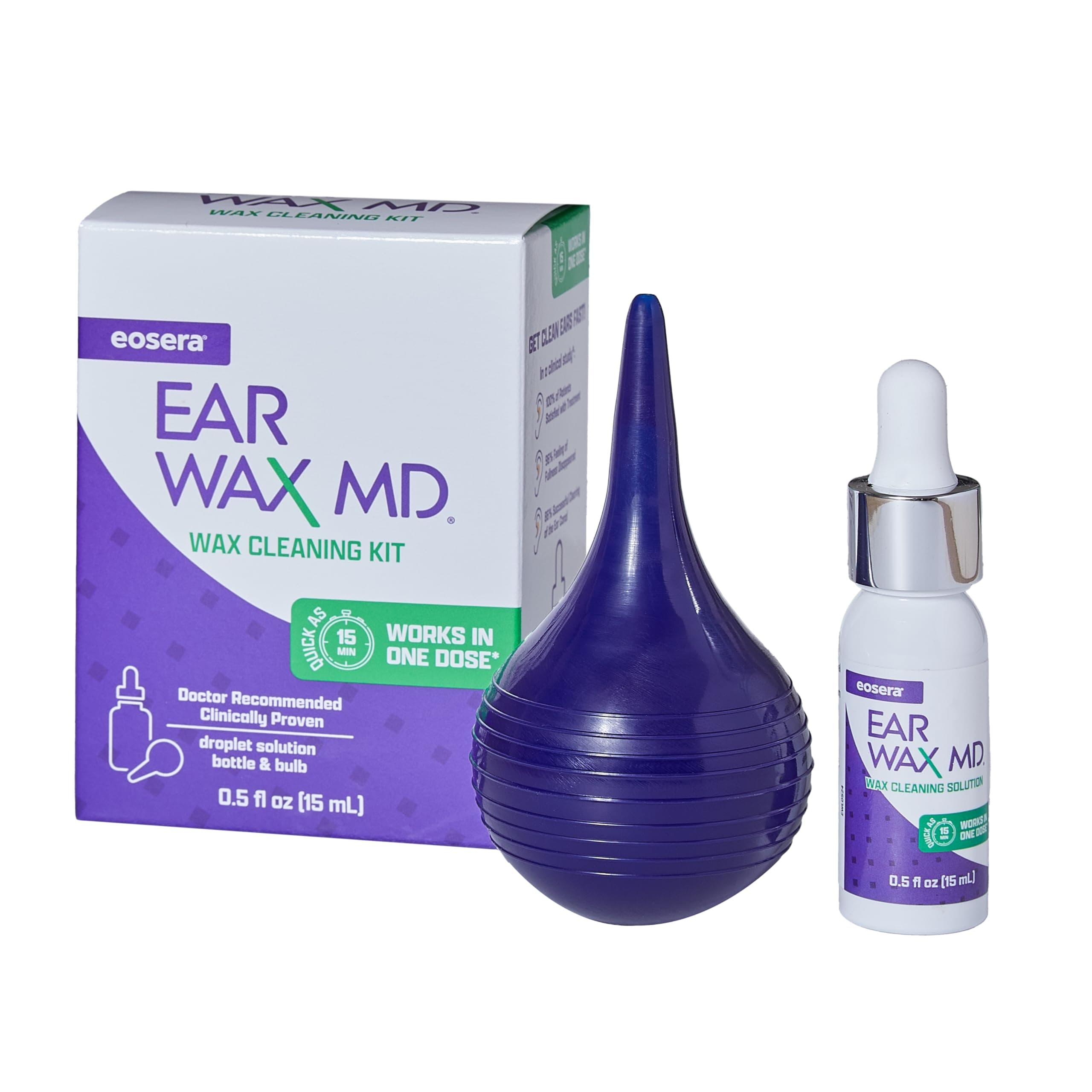 Earwax MD EOSERA Ear Wax Kit - Fast-Acting Ear Wax Removal Drops | Breaks Down & Dissolves Wax in Just 1 Treatment | Clinically Proven | Gentle & Safe | Includes Rinsing Bulb | 15mL