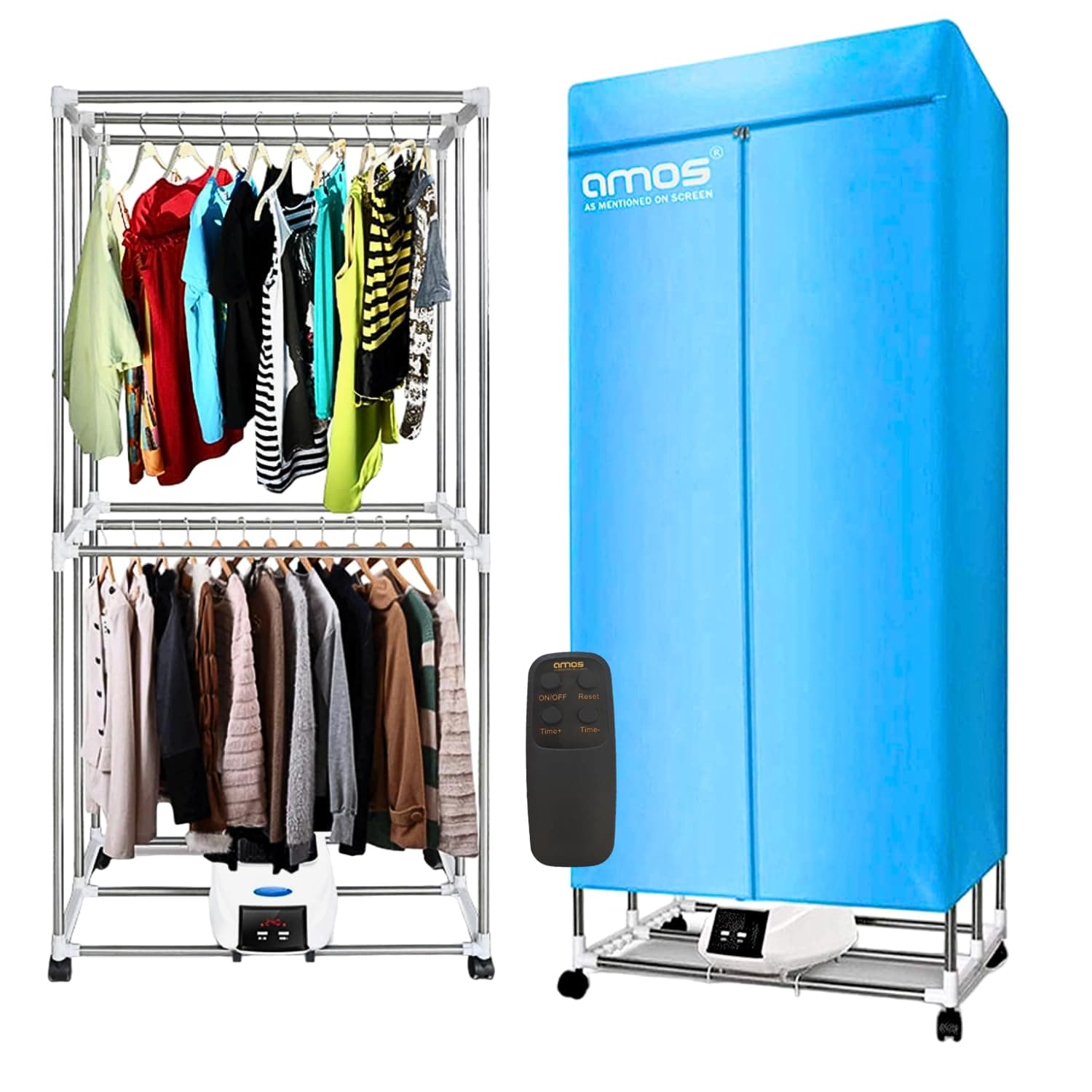 AMOS Eezy-Dry Indoor Electric Clothes Airer 1300W Heated Drying Rack with Cover, 15kg (25 Items), Stainless Steel Energy-Efficient Laundry Dryer, Blue, Includes 2x6-Peg Sock Airers Foldable, Portable