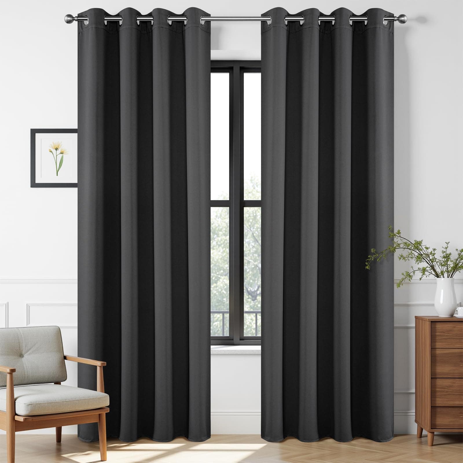Joydeco Blackout Curtains 72 Inch Length 2 Panels Set, Thermal Insulated Long Curtains& Drapes 2 Burg, Room Darkening Grommet Curtains for Living Room Bedroom Window (W52 x L72 Inch, Dark Grey)
