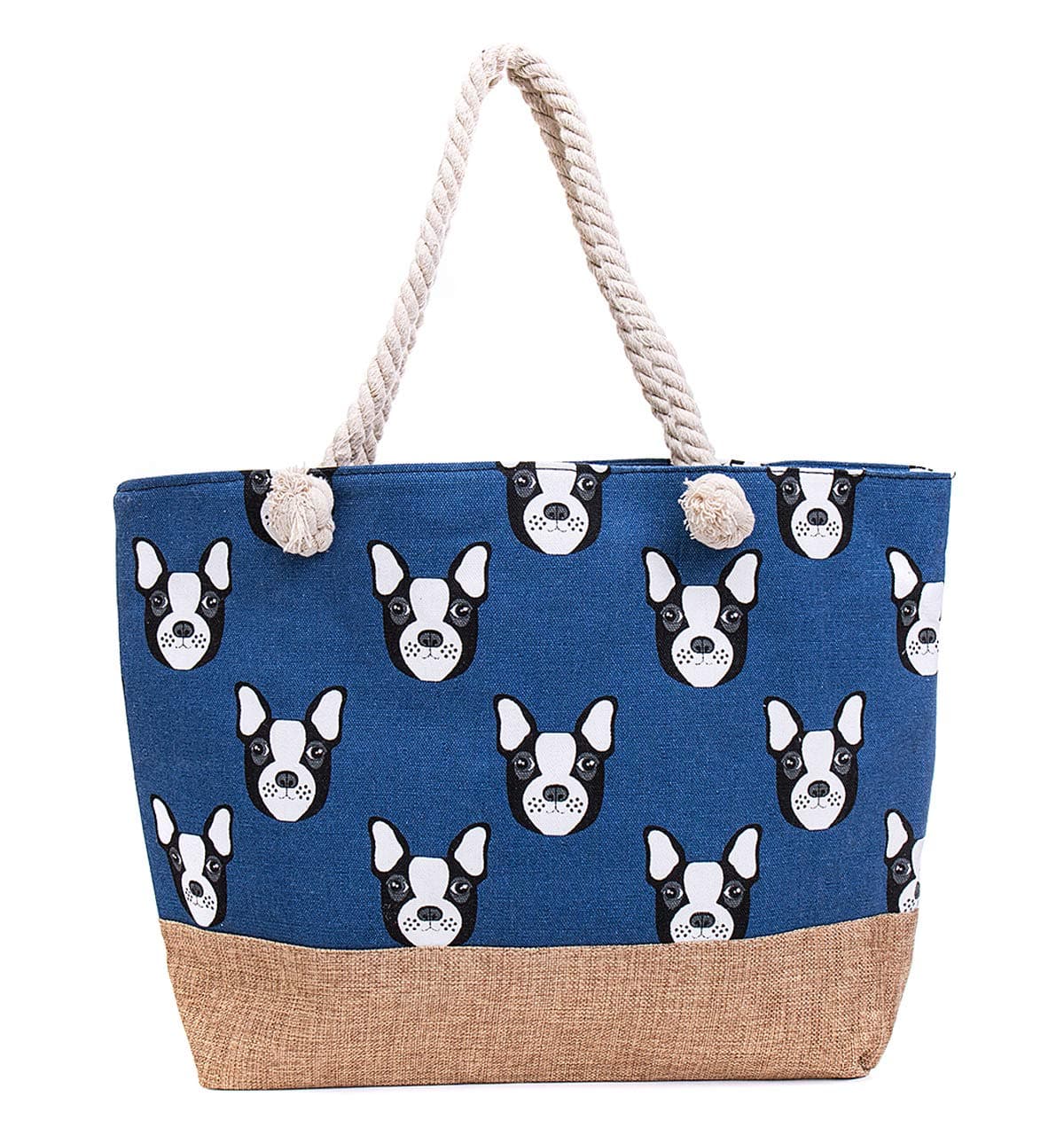 Beach Bags Waterproof Canvas Tote- Large Travel Zipper Shoulder Bag For Women With Cotton Rope Handle（Navy Dog）