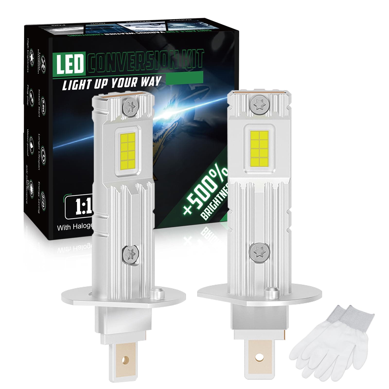 I LITTON H1 LED Headlight Bulbs, 30W 6500K White 12000 Lumen Extreme Bright h1 Bulbs Non-Polarity Plug & Play Design, H1 Headlight LED Bulbs for Halogen Replacement, Hi Lo Beam, 2 PCS