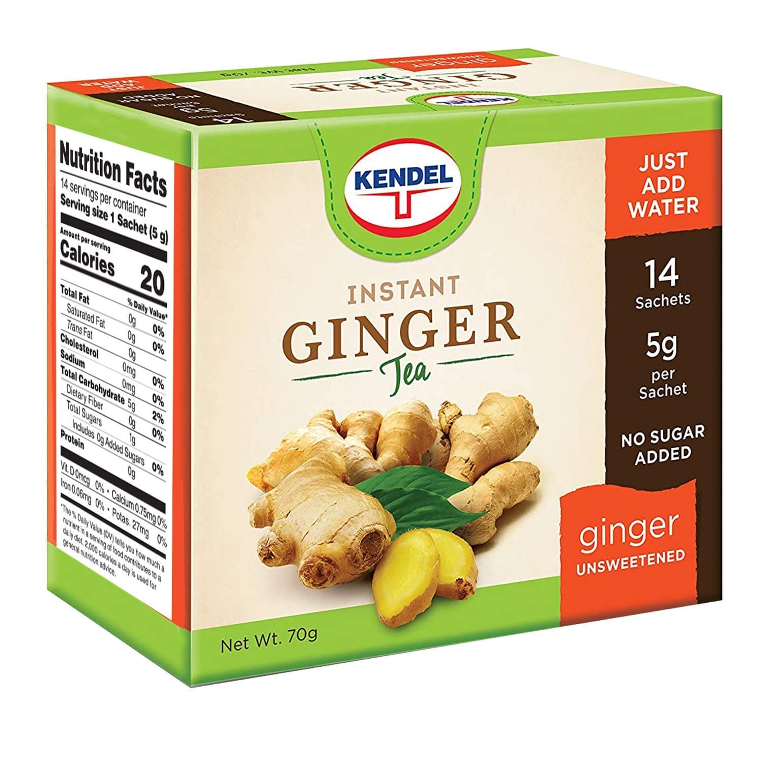 Kendel Instant Ginger Tea – Unsweetened Real Ginger Powder Drink – Caffeine Free Digestive Support – Hot or Cold Mix – 14 Sachets