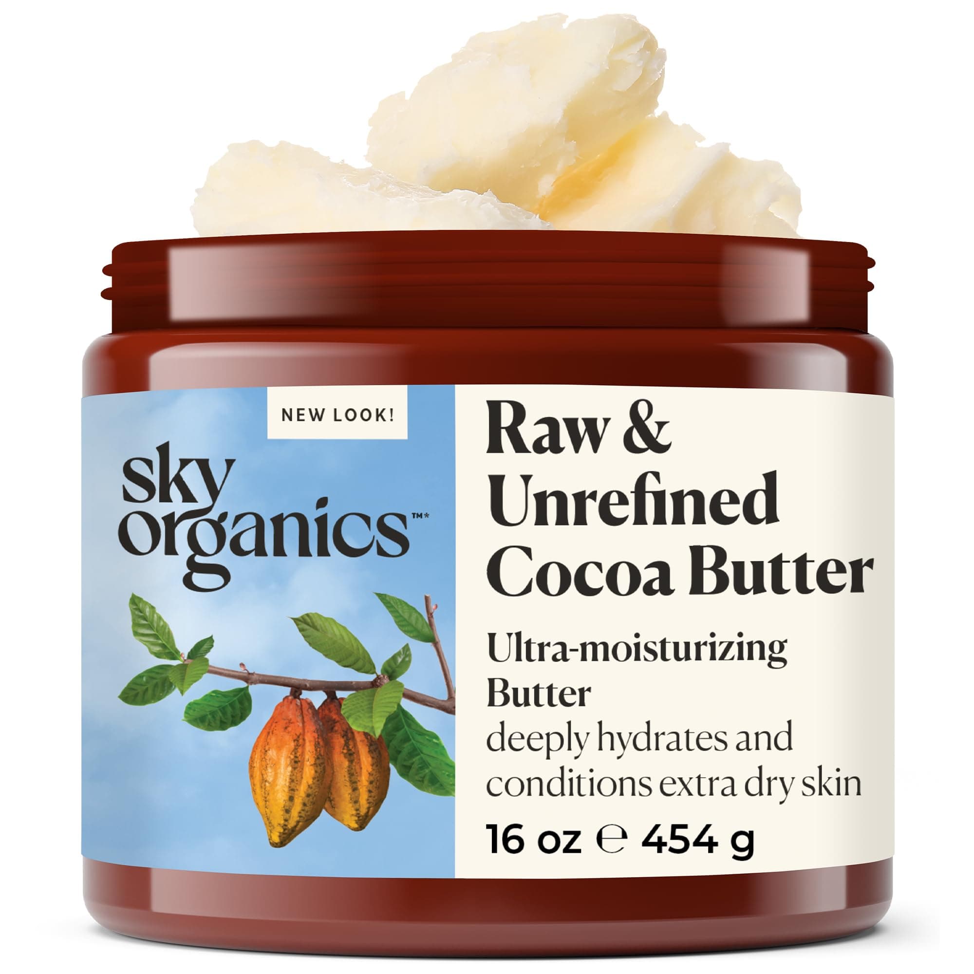 Sky Organics Cocoa Butter for Body, 100% Raw & Unrefined Ultra-Moisturizing Butter to Deeply Hydrate & Condition Skin, Promotes Smooth Skin Tone & Texture, Suitable for Tight or Extra Dry Skin, 454g