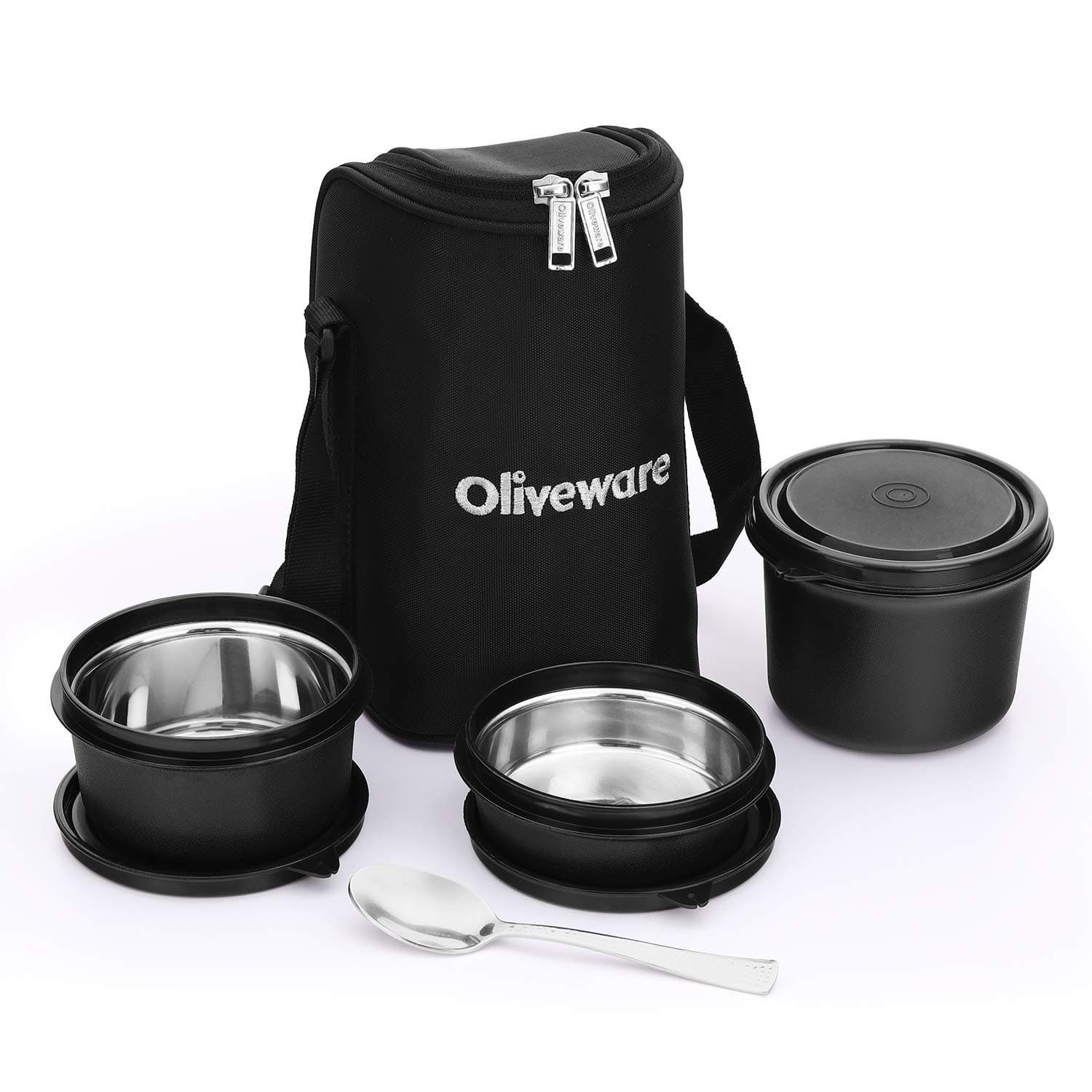 Oliveware Boss Pro Lunch Box With Steel Spoon, Microwave Safe & Leak Proof, 3 Inner Steel Containers With Bpa Free Airtight Lids (290Ml, 450Ml, & 600Ml), Fabric Bag (Black)
