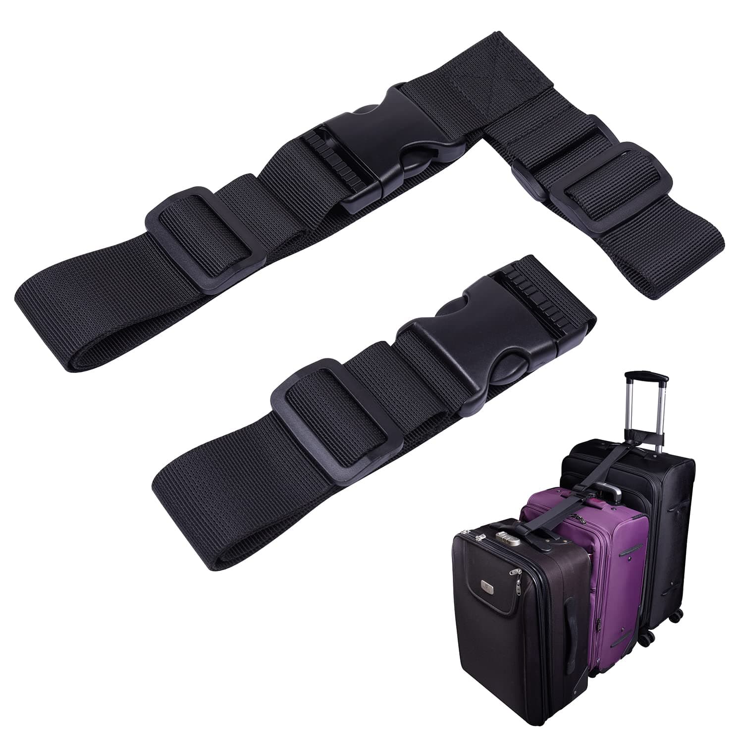 Wisdompro 2 Pcs Add a Bag Luggage Strap, Heavy Duty Adjustable Suitcase Belt Travel Attachment Travel Accessories for Connecting Your Luggage - Black (T-Type and Normal), Black, One_Size