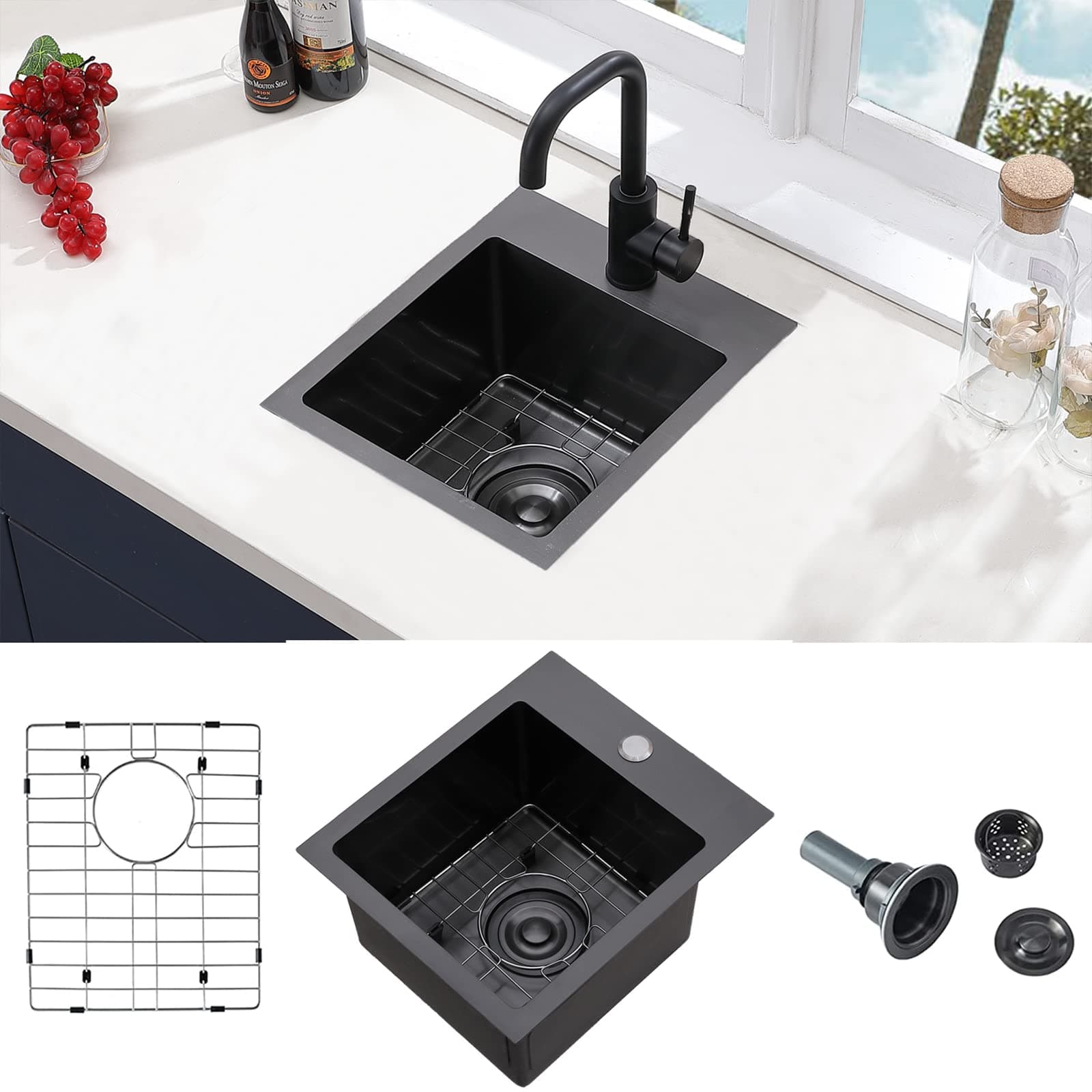 VCCUCINE Gunmetal Black Bar Sink Drop in, 13x15 Inch Topmount RV Small Kitchen Sink, Handmade Stainless Steel Wet Bar Sink, Outdoor Single Bowl Prep Sink with Dish Grid & Drain