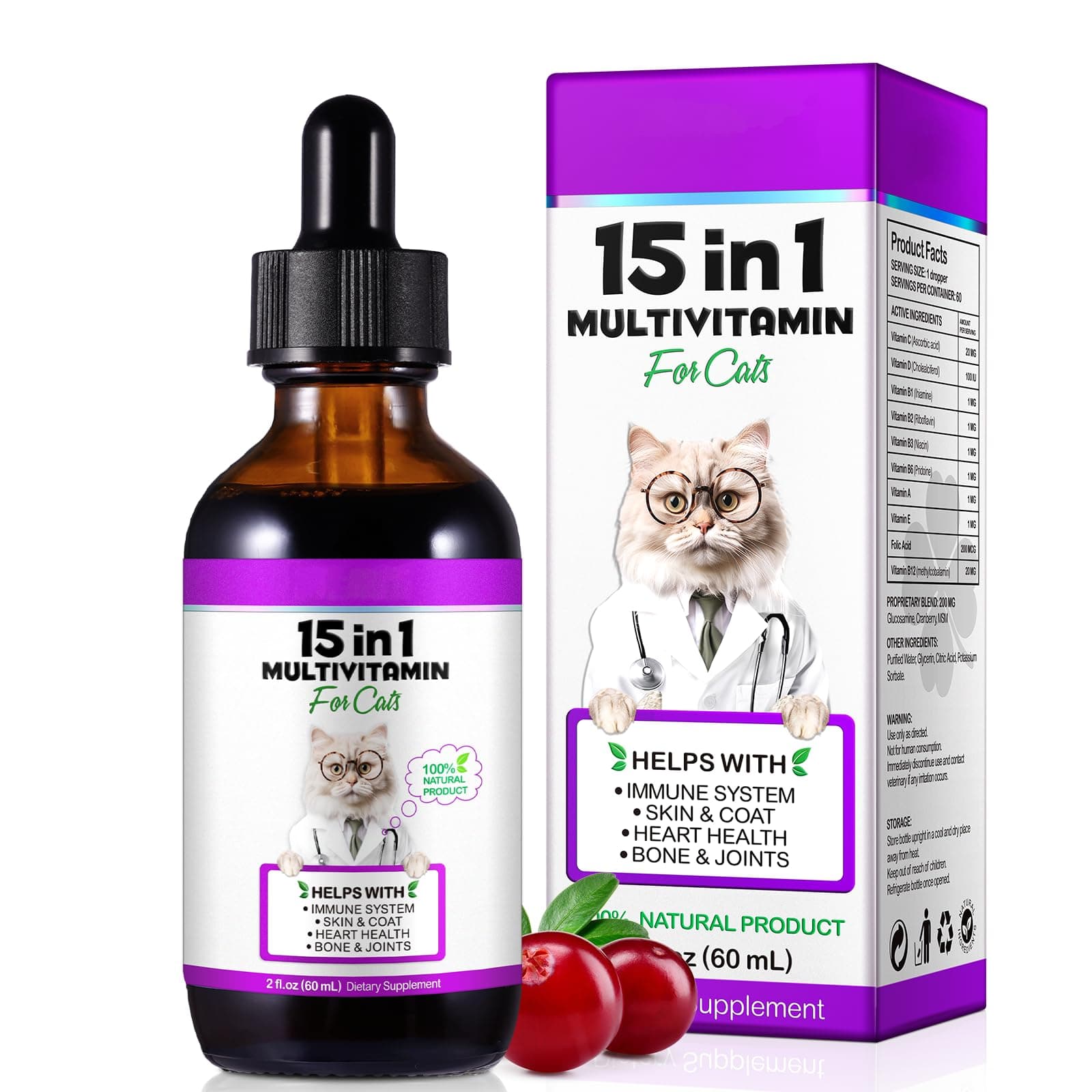 Multivitamins for Cats,15in1 Vitamin Drops,Cat Vitamins and Supplements,60ml Multivitamin Helps with Immune System,Skin & Coat,Heart Health and Bone & Joints