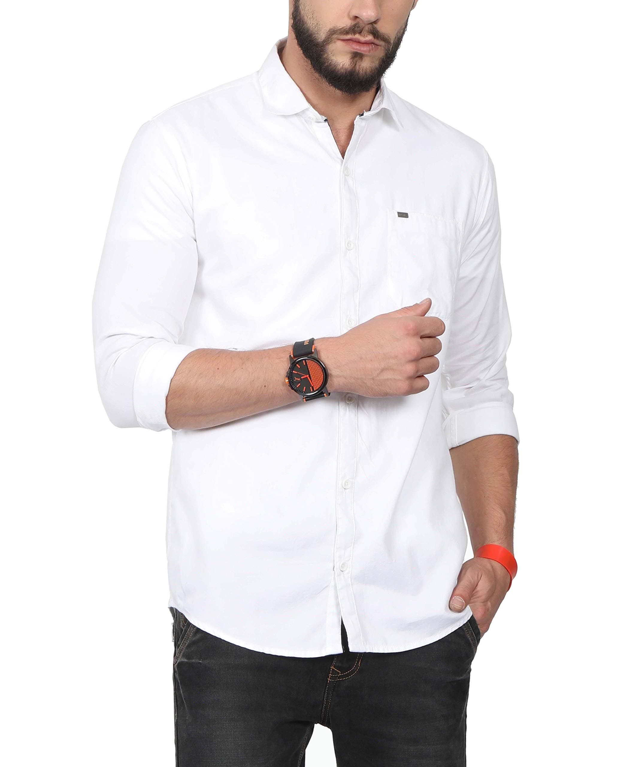 NORTH REPUBLIC Men's White Plain Matty Cotton Full Sleeves Stylish Casual Shirt