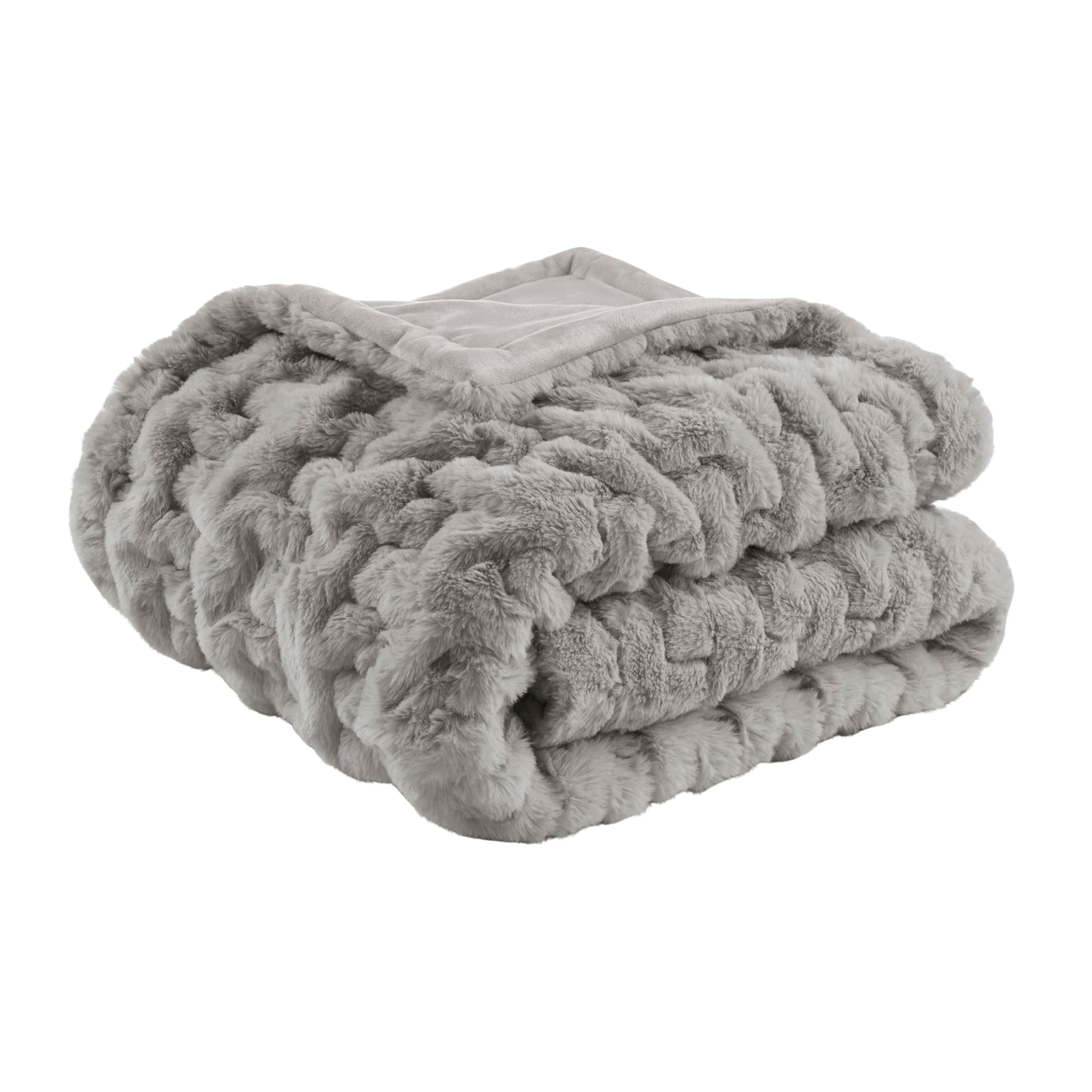 Madison Park Ruched Fur Luxury Throw Premium Soft Cozy Brushed Long Faux Fur For Bed, Couch or Sofa , 50x60" , Grey
