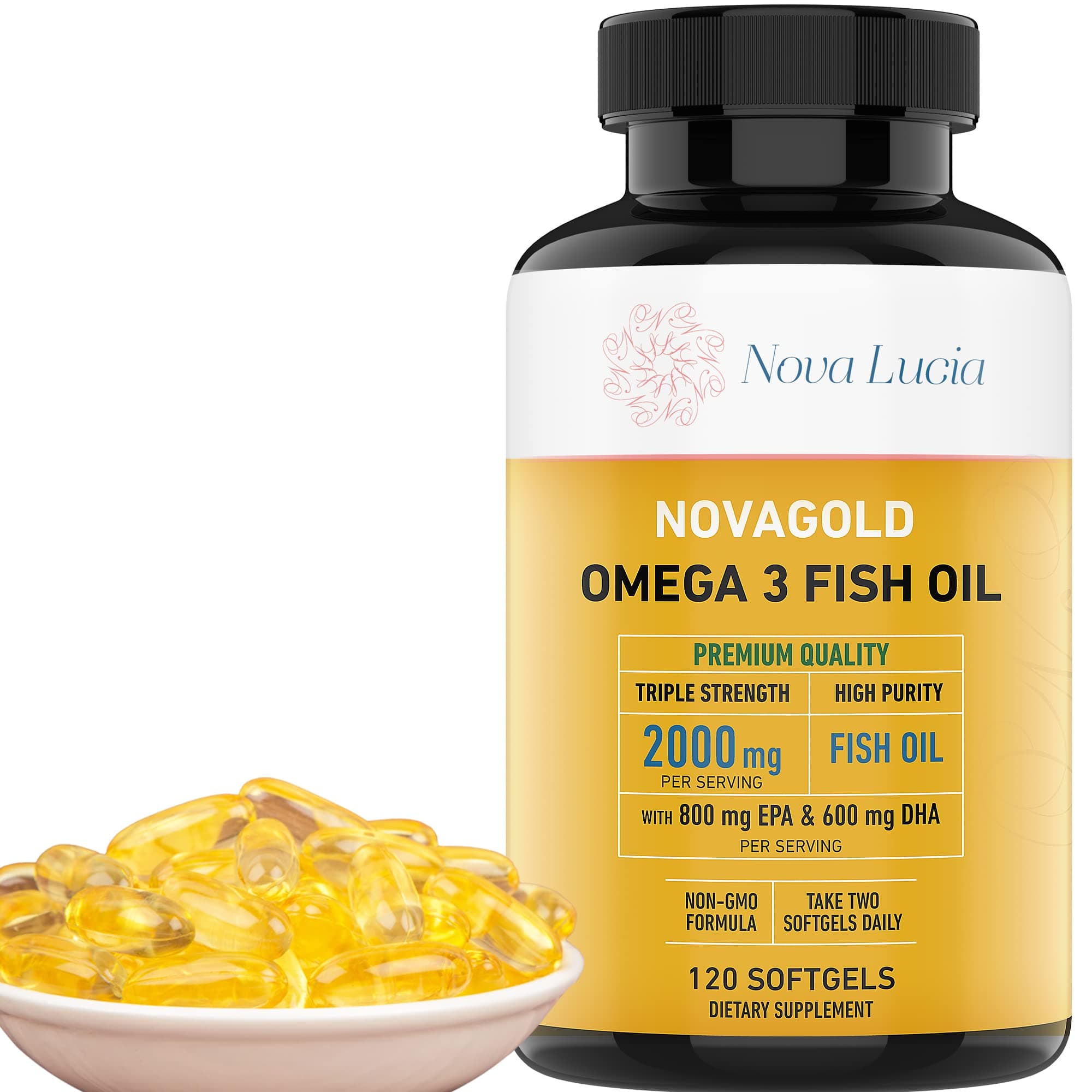 NovaGold Omega 3 Fish Oil – 2000mg High Strength EPA DHA Supplement – Burpless, Easy to Swallow Softgels – Supports Heart, Brain, Joints, Immune & Skin – Non-GMO – 120 Liquid Capsules
