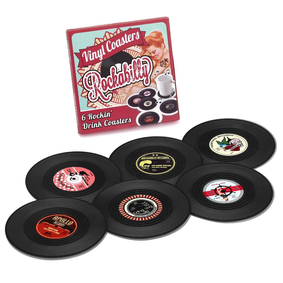 MECOWON Coasters Vinyl Record Disk Coaster for Drinks,Set of 6 Rockabilly Vinyl Coaster Set with Funny Labels, Protect Furniture from Water Marks & Damage
