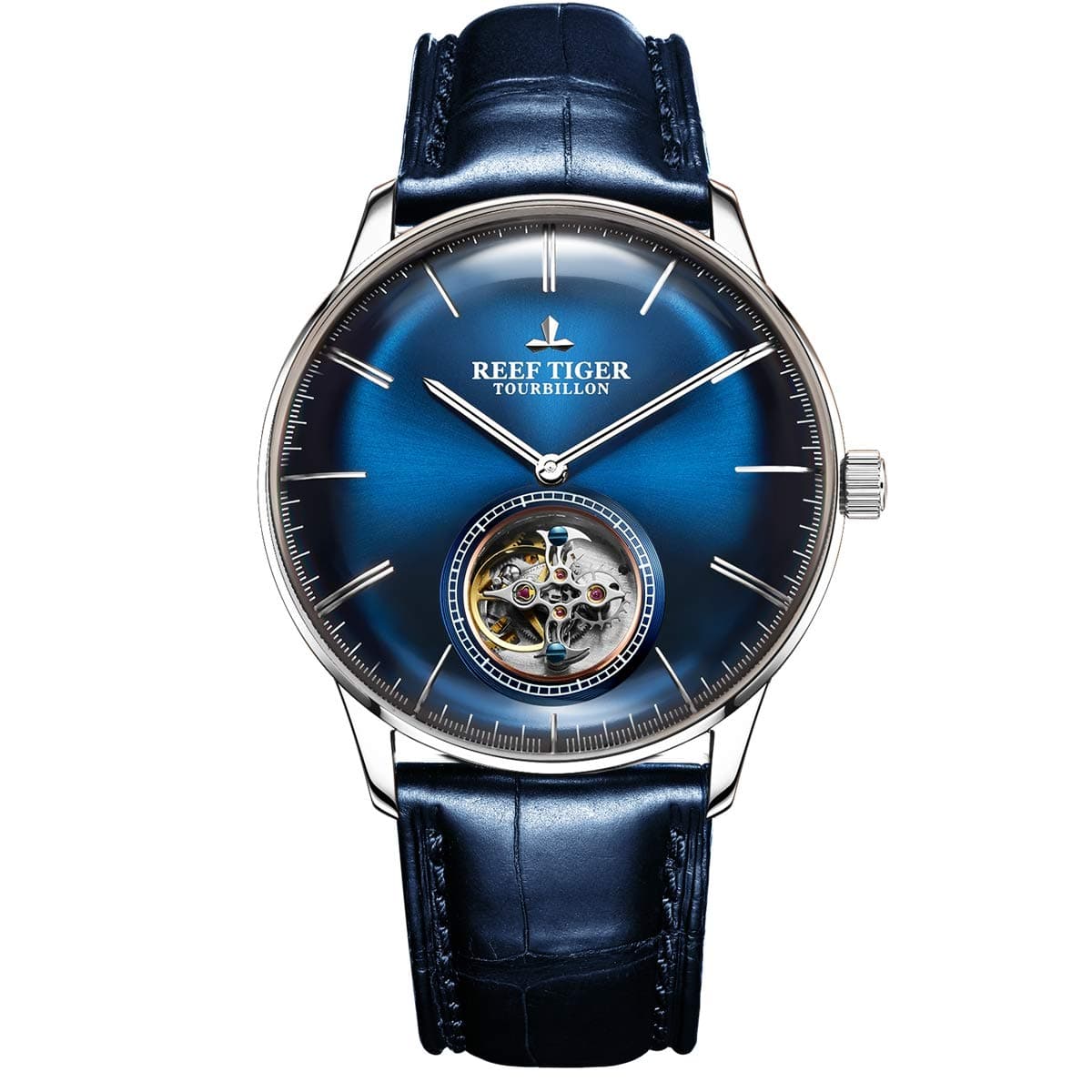 Blue Tourbillon Watch Leather Strap Men Luxury Brand Automatic Mechanical Watches RGA1930