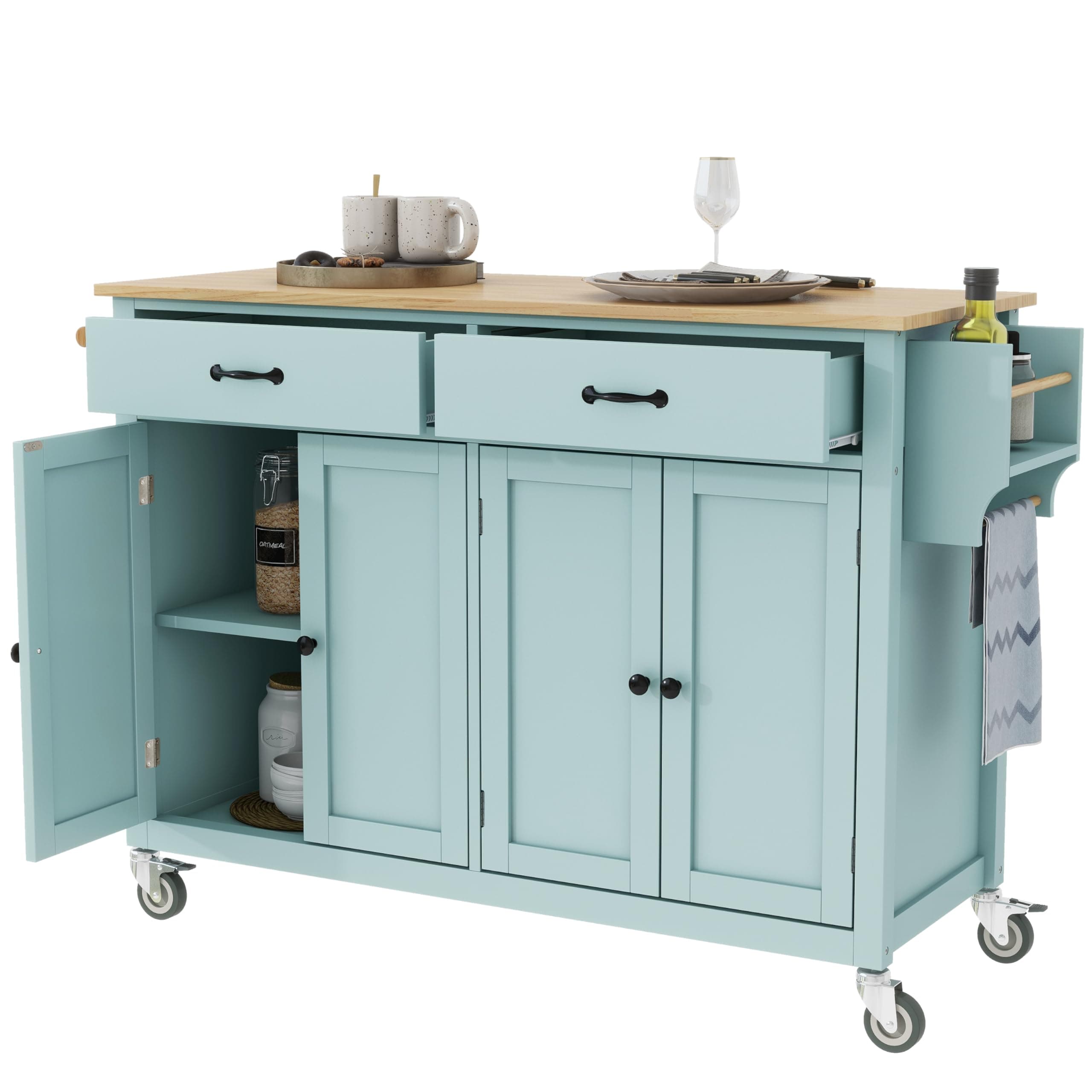 LUMISOL Kitchen Island Cart with Storage, Large Kitchen Island with Storage Cabinets and 2 Drawers, Rolling Kitchen Island with Solid Wood Top, Mint Green