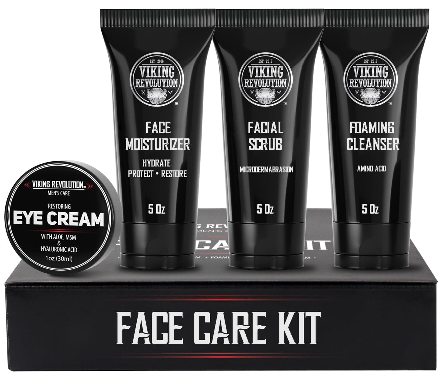– Viking Revolution - Mens Skin Care Kit - Mens Facial Care Kit - Includes (148ml Each) Rejuvenating Face Moisturiser, Microdermabrasion Facial Scrub, Foaming Cleanser & Eye Cream (30ml) - Gifts For Men