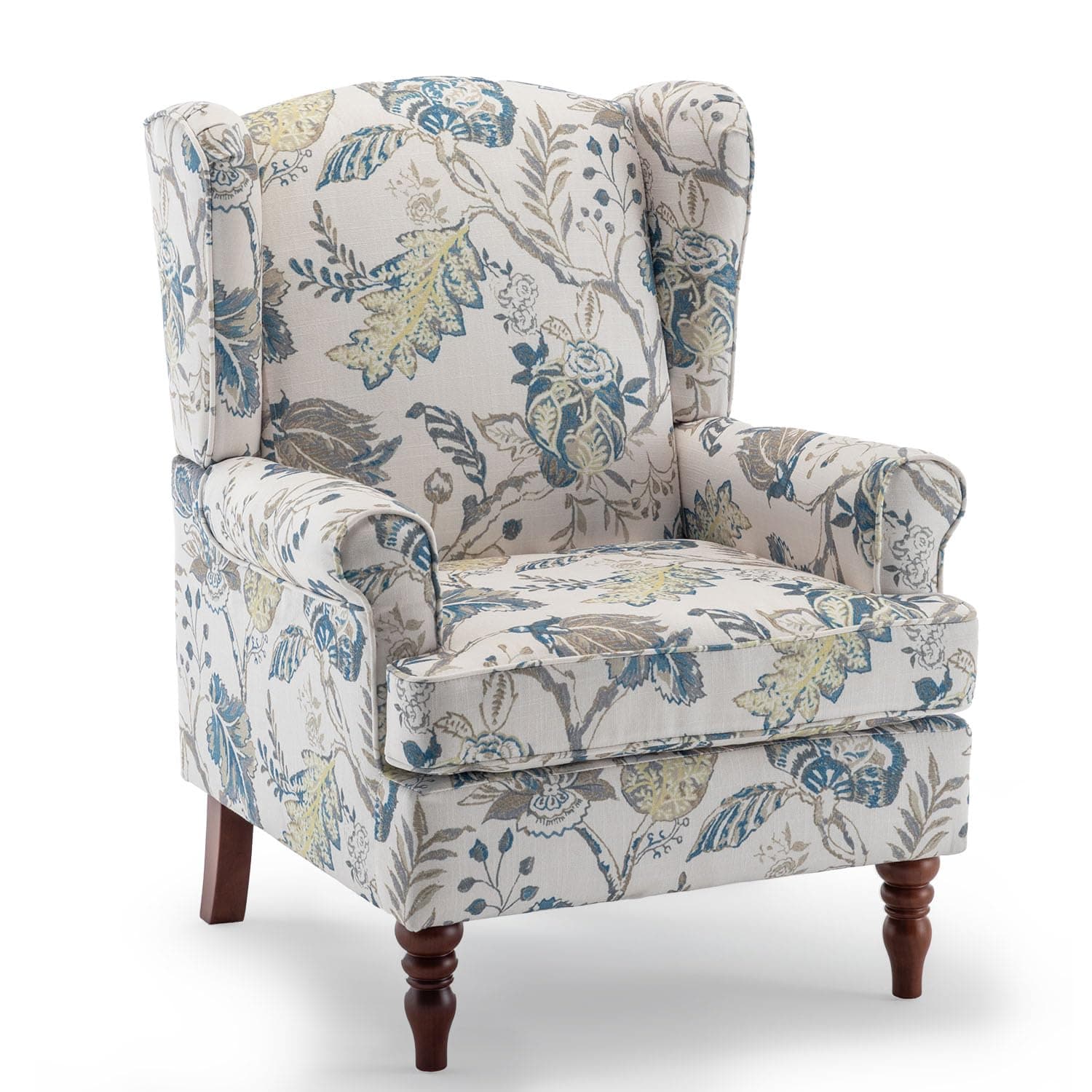 Bezseller Wingback Floral Accent Chair, Upholstered Fabric High Back Arm, Leisure Single Sofa Club Chair with Wood Legs, Armchair for Living Room, Bedroom, Home Office, Blue Floral