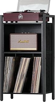 YAHARBO Record Player Stand, 3-Shelf Black Vinyl Record Holder with Storage, Record Stand, Vintage Turntable Stand Holds Up to 100 Albums, Record Table with Handle for Living Room, Bedroom, Office