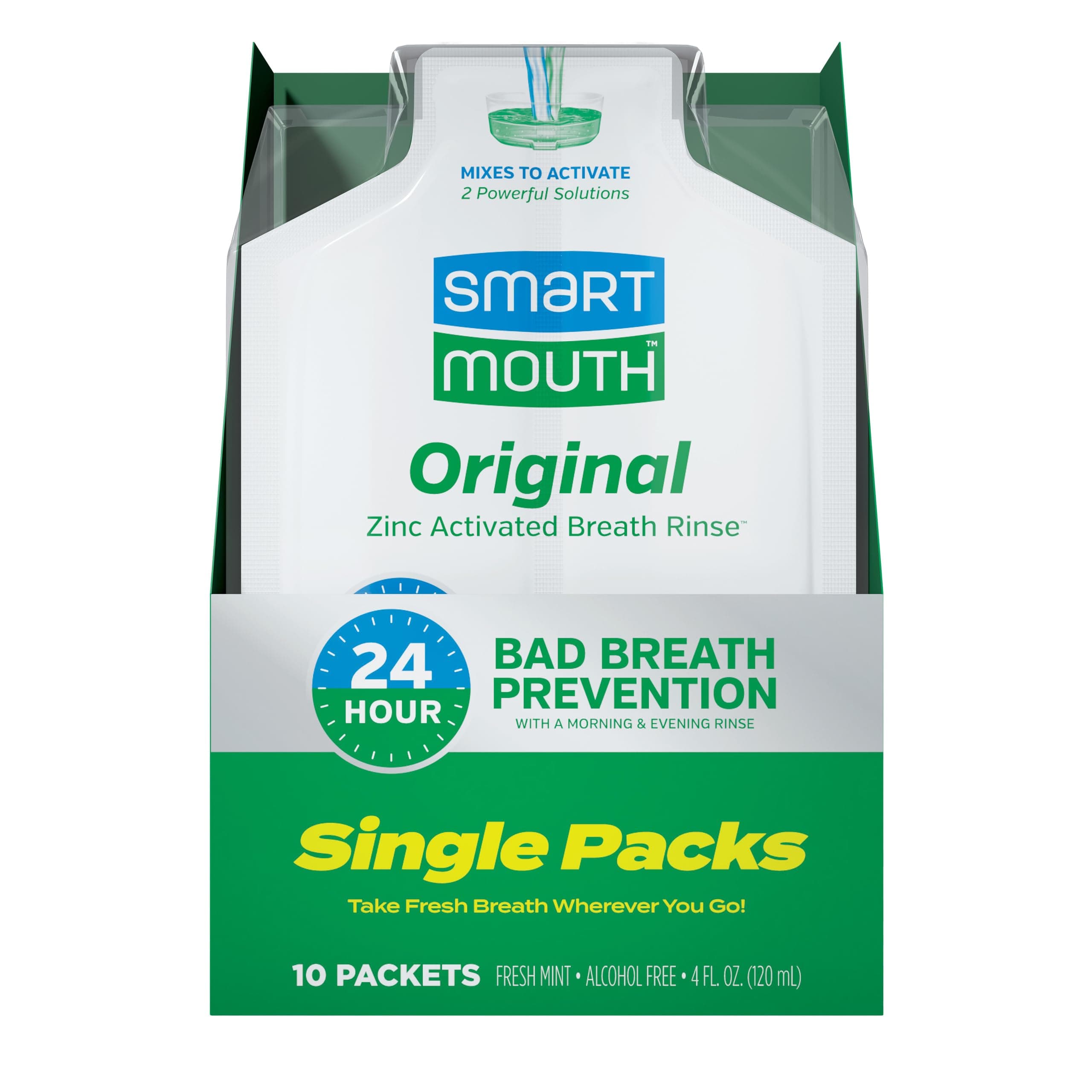 Original Zinc Activated Mouthwash Single Packs - Disposable Mouthwash Packets for Fresh Breath - Eliminates Bad Breath & Odors - Alcohol & Fluoride-Free - Fresh Mint - 10 Count