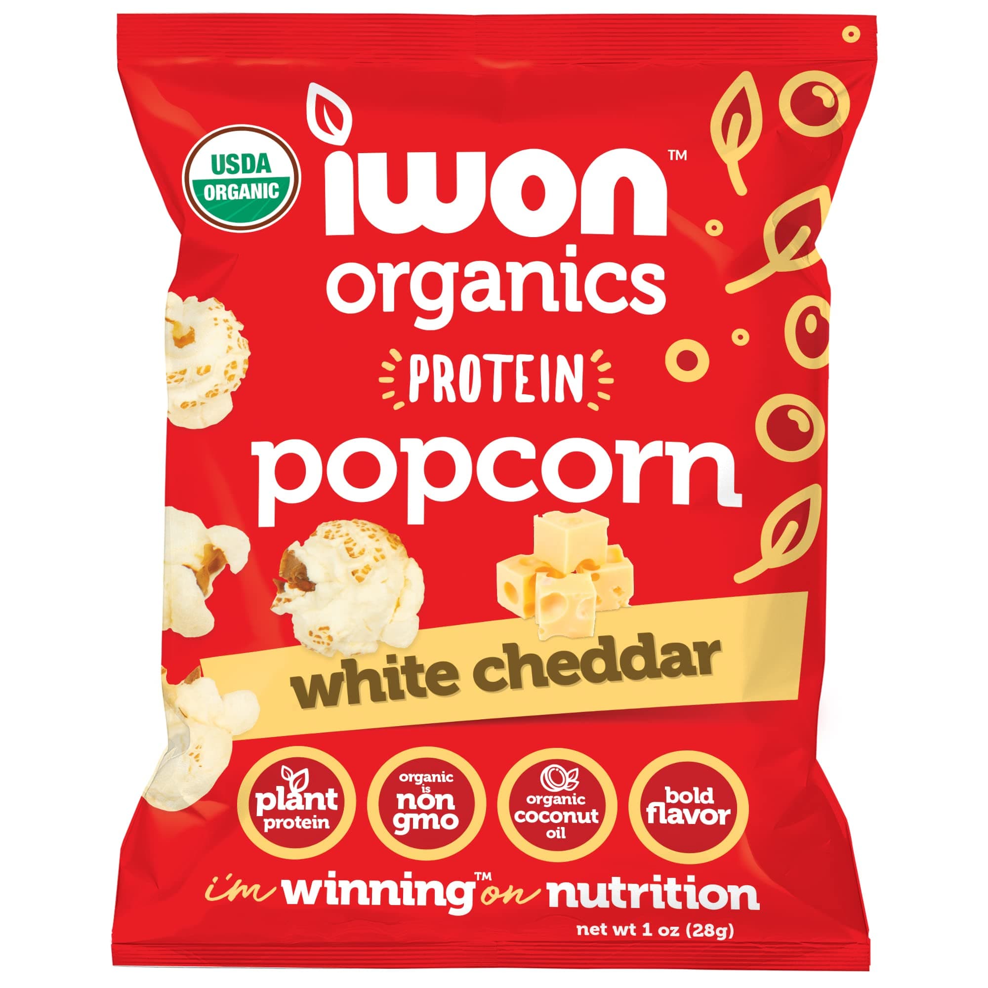 IWON Organics Protein Popcorn, White Cheddar Flavor, Organic Healthy Snacks, 8-Pack, 1 Oz Bags