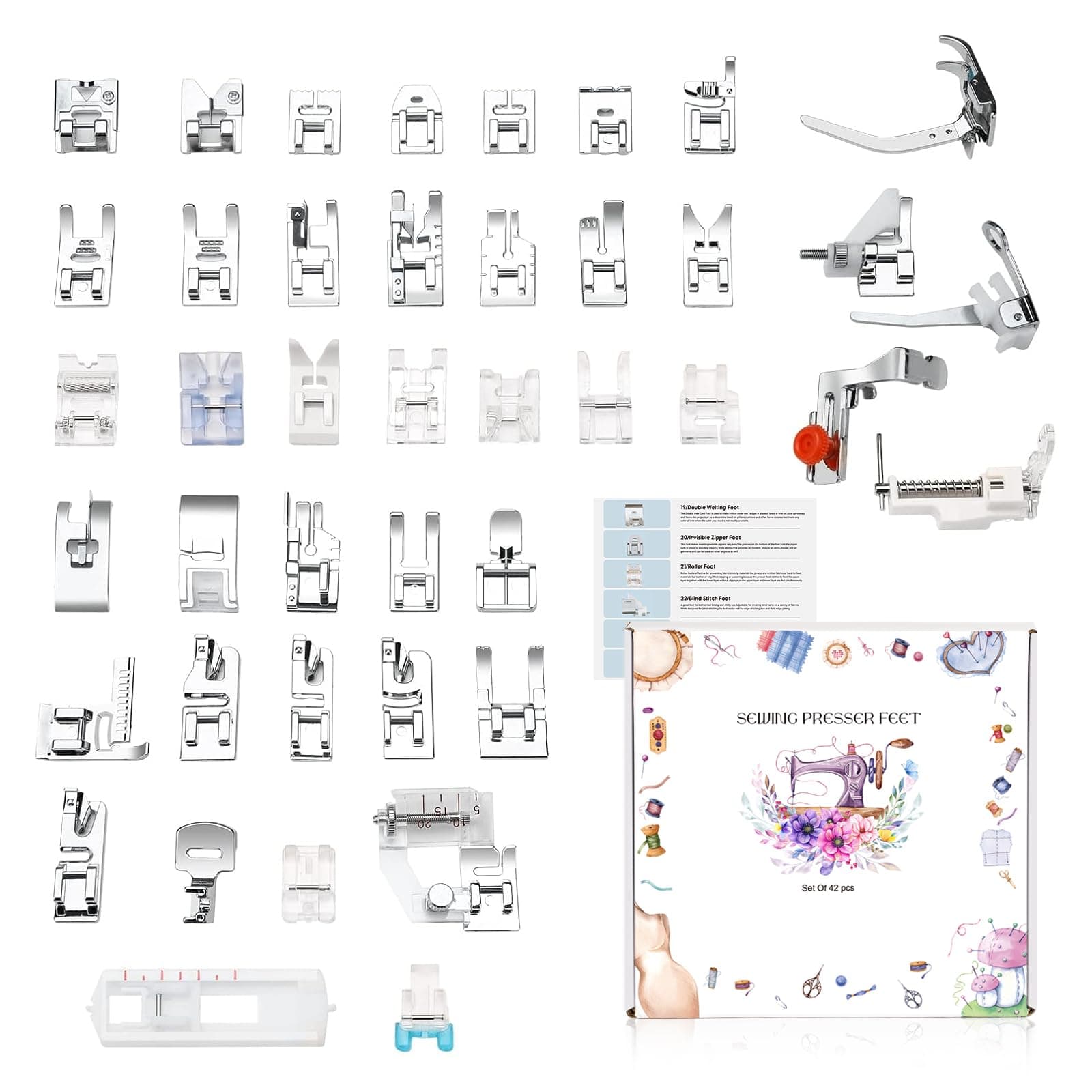 XBA Presser Foot Set 42Pcs, Sewing Machine Presser Feet Kit Accessories with Manual for Brother, Babylock, Singer, Elna, Toyota, New Home, Simplicity, N, Kenmore Low Shank Machines
